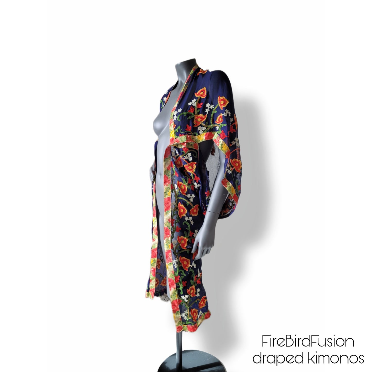 Draped short kimono in dark blue with colourful floral embroidery in red, yellow and green (S)