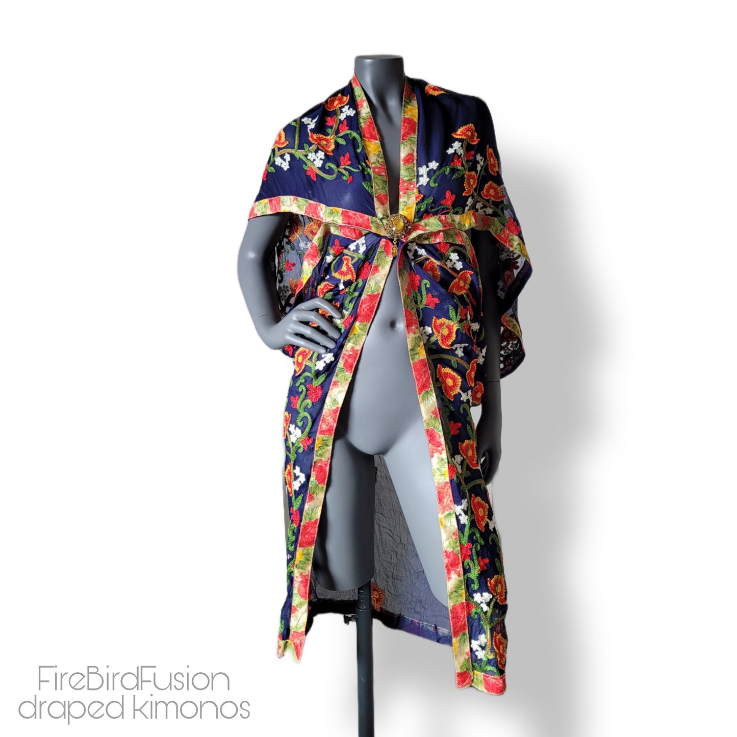 Draped short kimono in dark blue with colourful floral embroidery in red, yellow and green (S)
