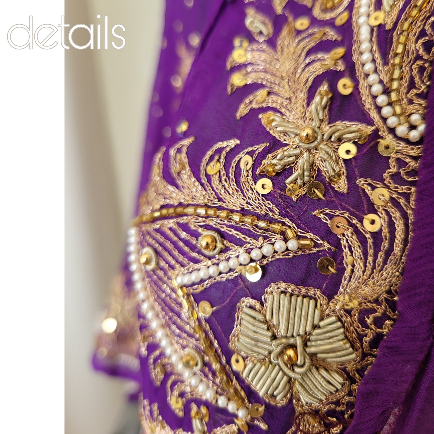 Luxurious draped kimono in pure silk, purple with stunning zardozi embroidery in gold and pearls (L)
