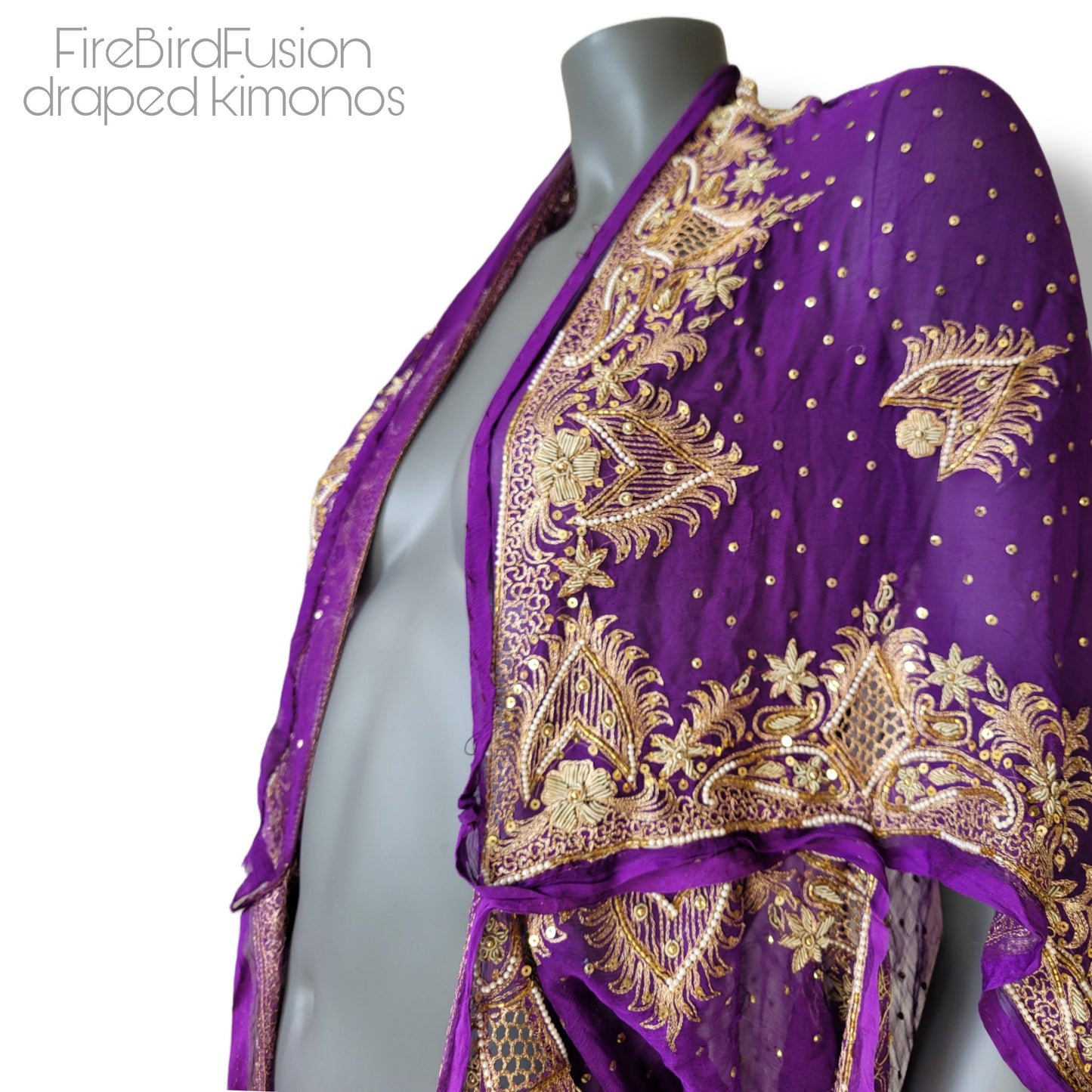 Luxurious draped kimono in pure silk, purple with stunning zardozi embroidery in gold and pearls (L)