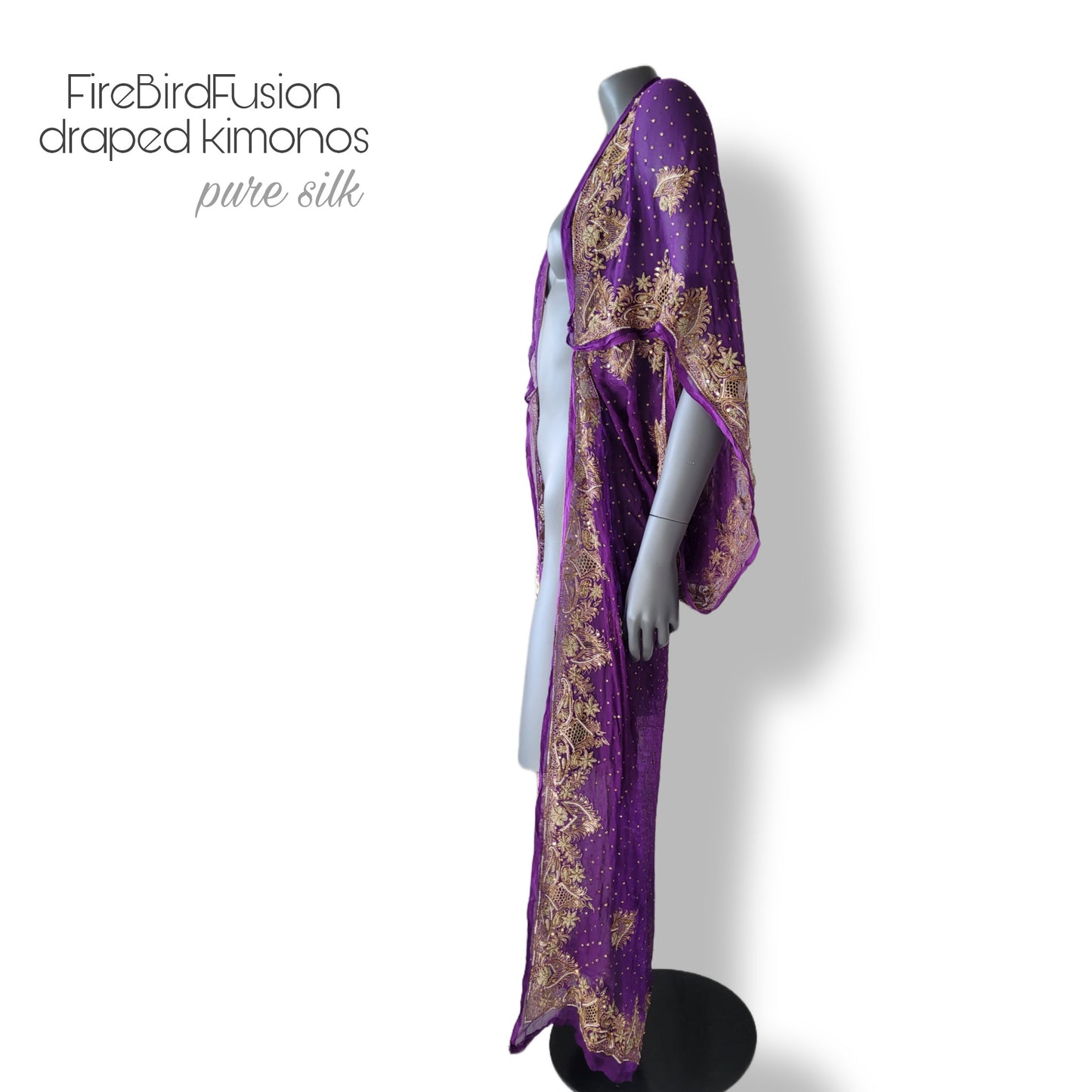 Luxurious draped kimono in pure silk, purple with stunning zardozi embroidery in gold and pearls (L)