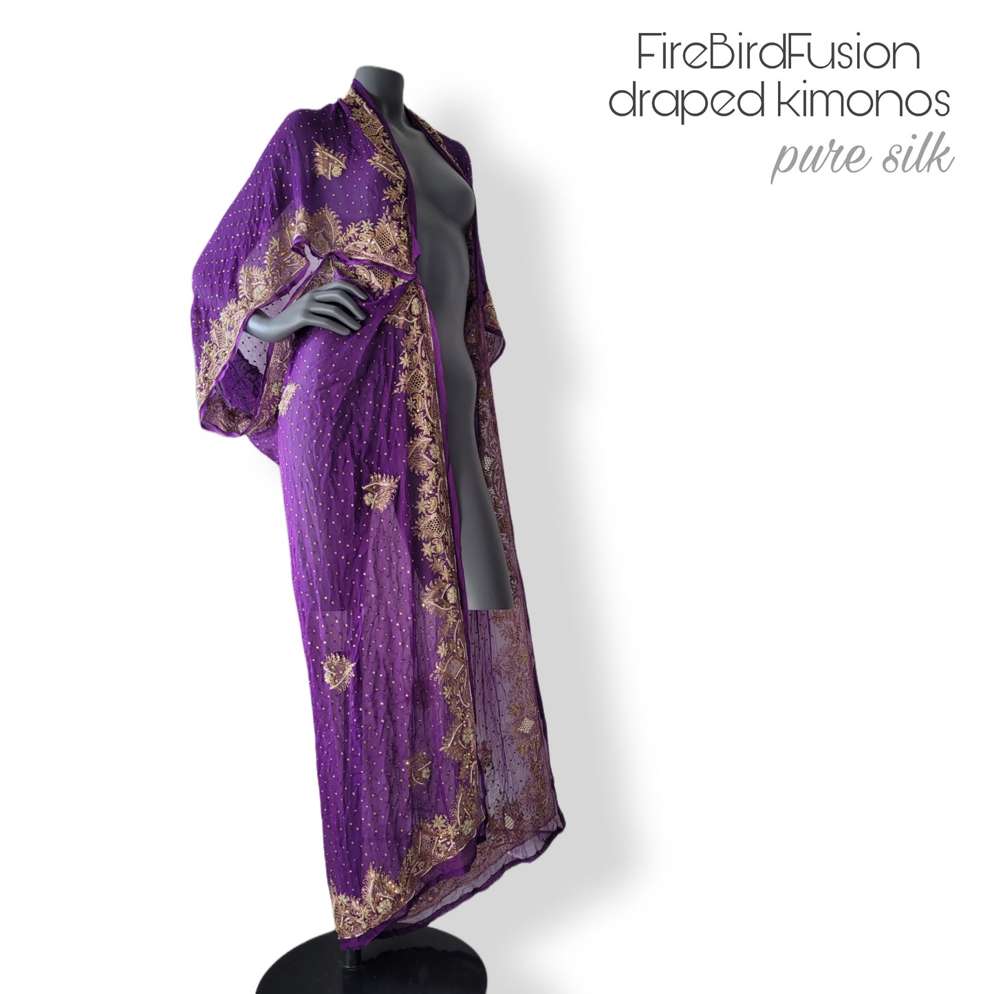 Luxurious draped kimono in pure silk, purple with stunning zardozi embroidery in gold and pearls (L)