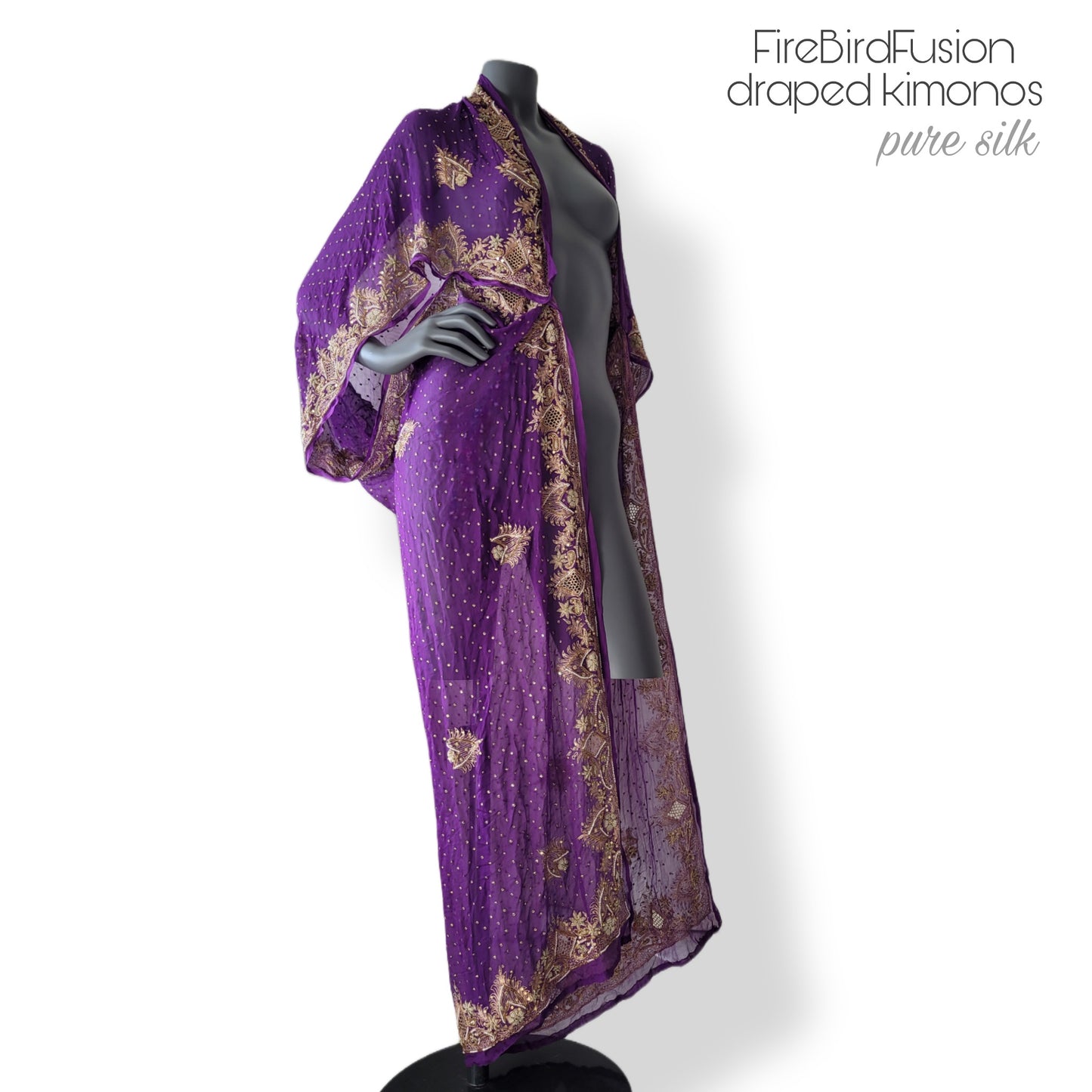 Luxurious draped kimono in pure silk, purple with stunning zardozi embroidery in gold and pearls (L)
