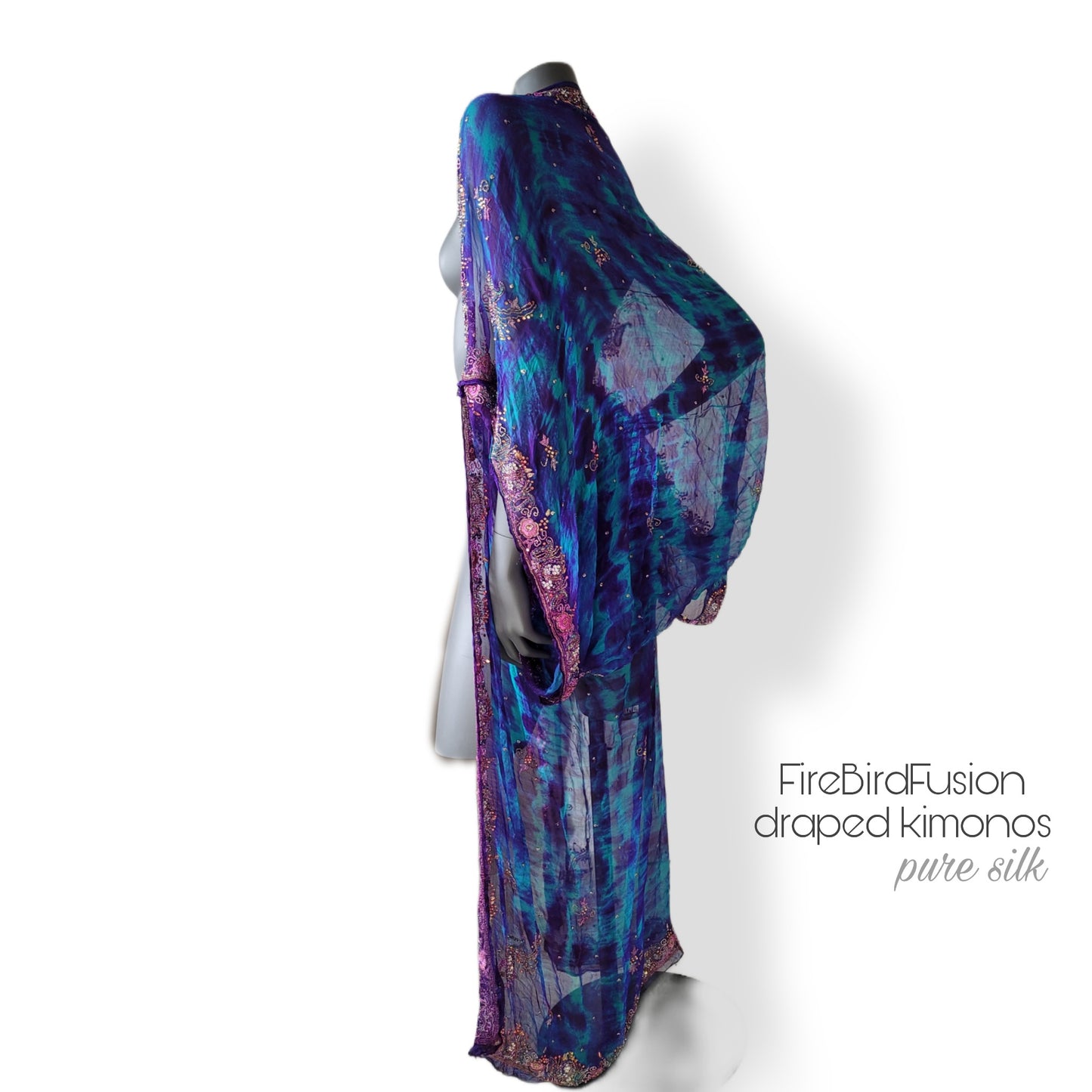 Luxurious draped kimono in pure silk, hand dyed batik in blue, purple and turqouise with stunning zardozi embroidery in lavender (L-XL)