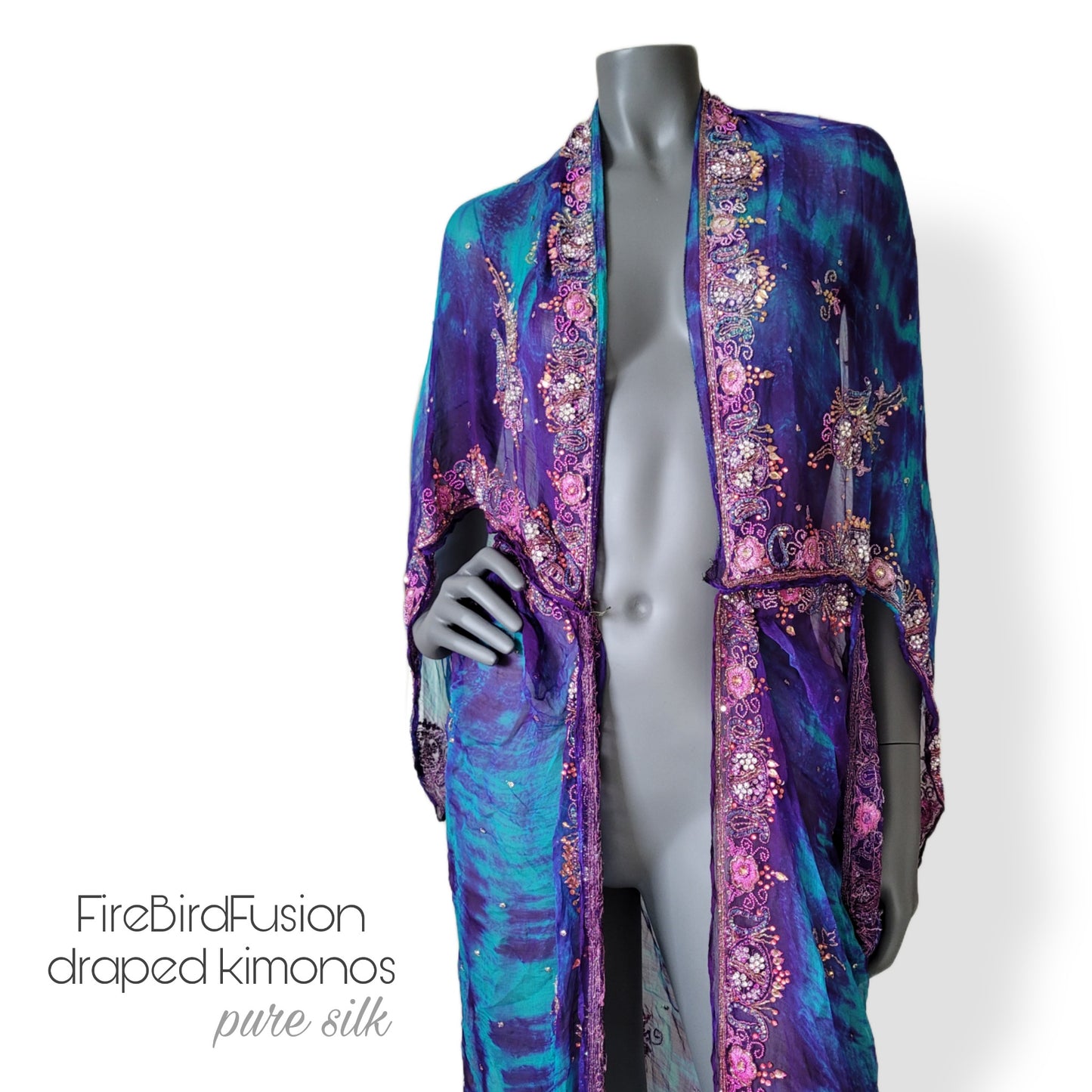 Luxurious draped kimono in pure silk, hand dyed batik in blue, purple and turqouise with stunning zardozi embroidery in lavender (L-XL)