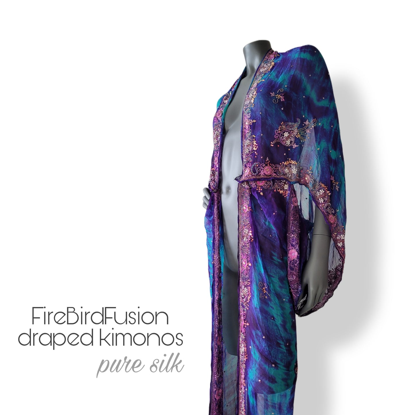 Luxurious draped kimono in pure silk, hand dyed batik in blue, purple and turqouise with stunning zardozi embroidery in lavender (L-XL)