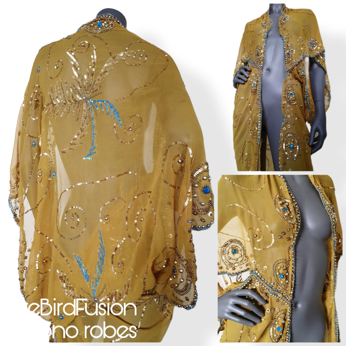 Draped semi sheer kimono in mustard yellow with golden and blue sequin embroidery (L)
