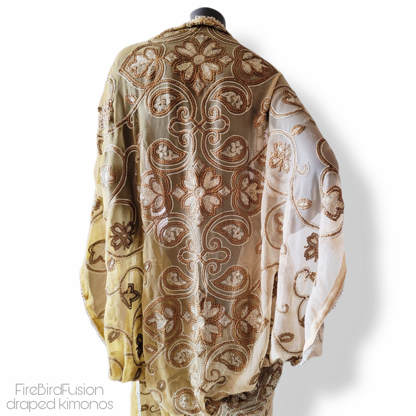 Draped kimono in ivory and beige with bronze and antique gold art deco inspired embroidery (M-L)