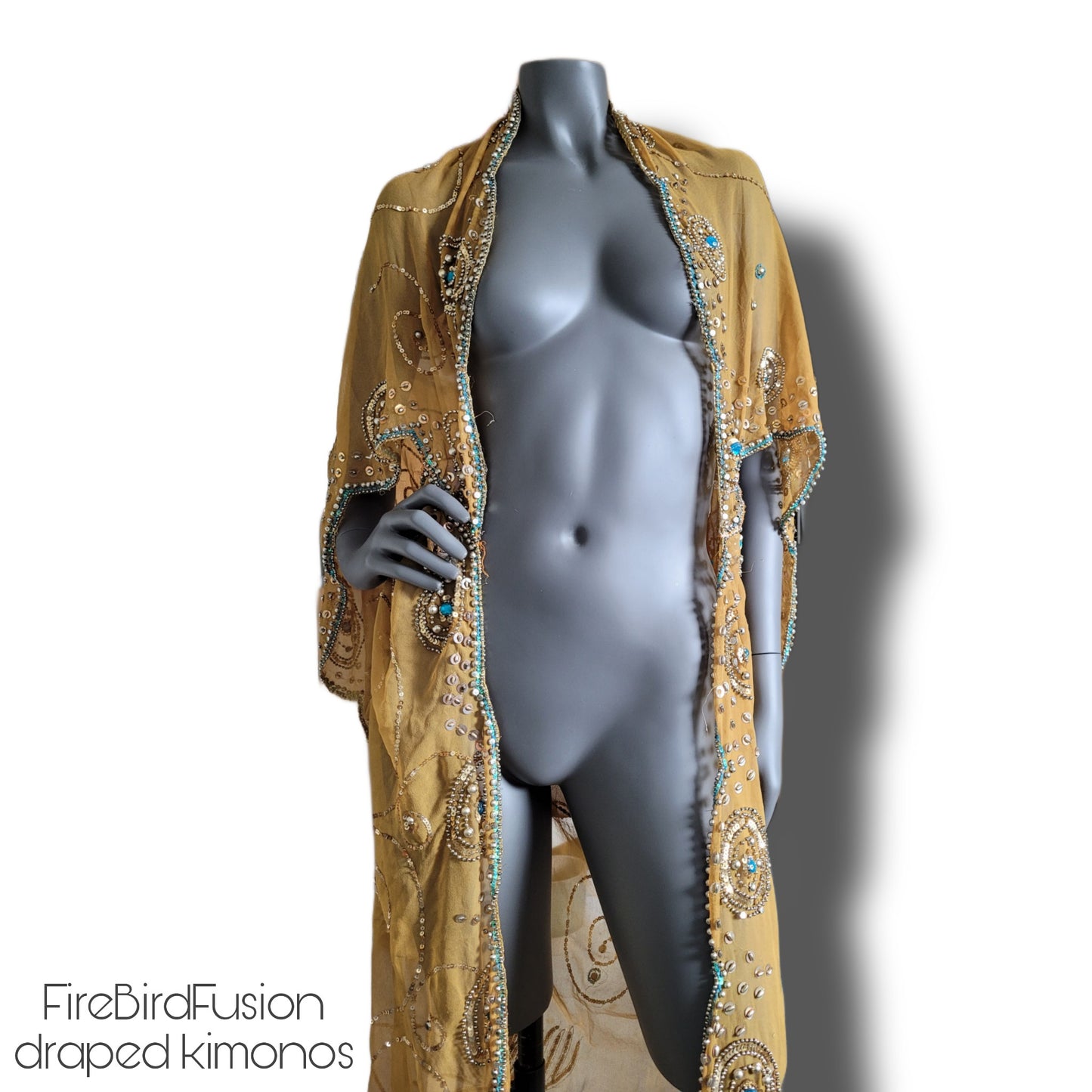 Draped semi sheer kimono in mustard yellow with golden and blue sequin embroidery (L)