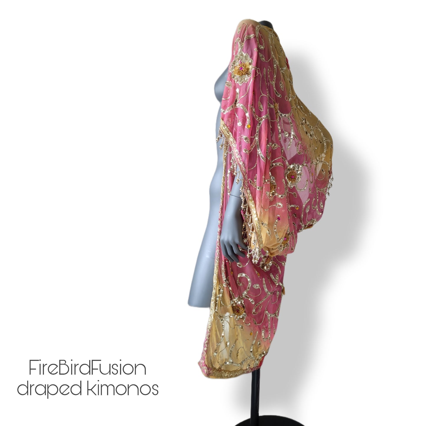 Draped kimono in yellow and pink with appliques, sequin embroidery and beaded trim (S)