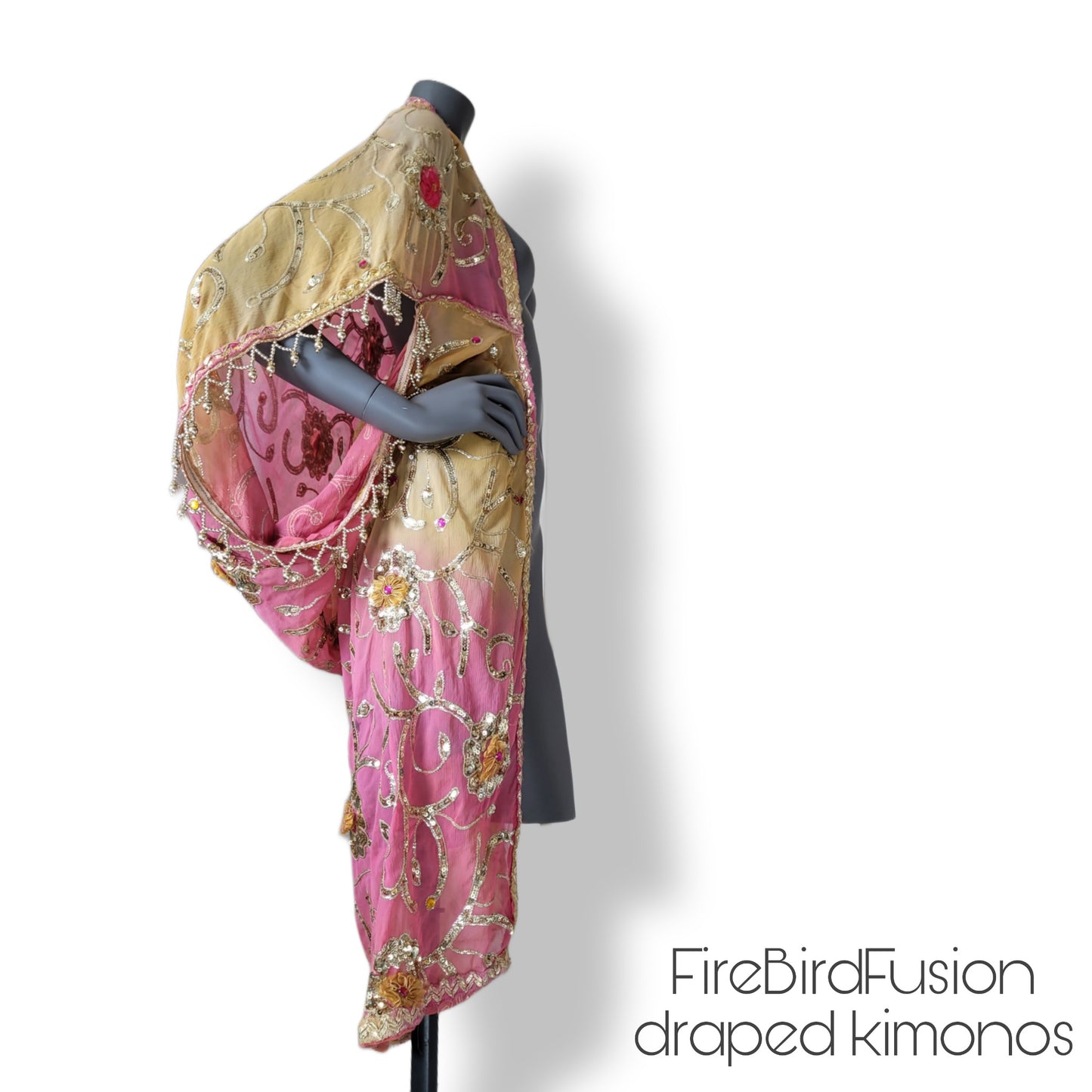 Draped kimono in yellow and pink with appliques, sequin embroidery and beaded trim (S)