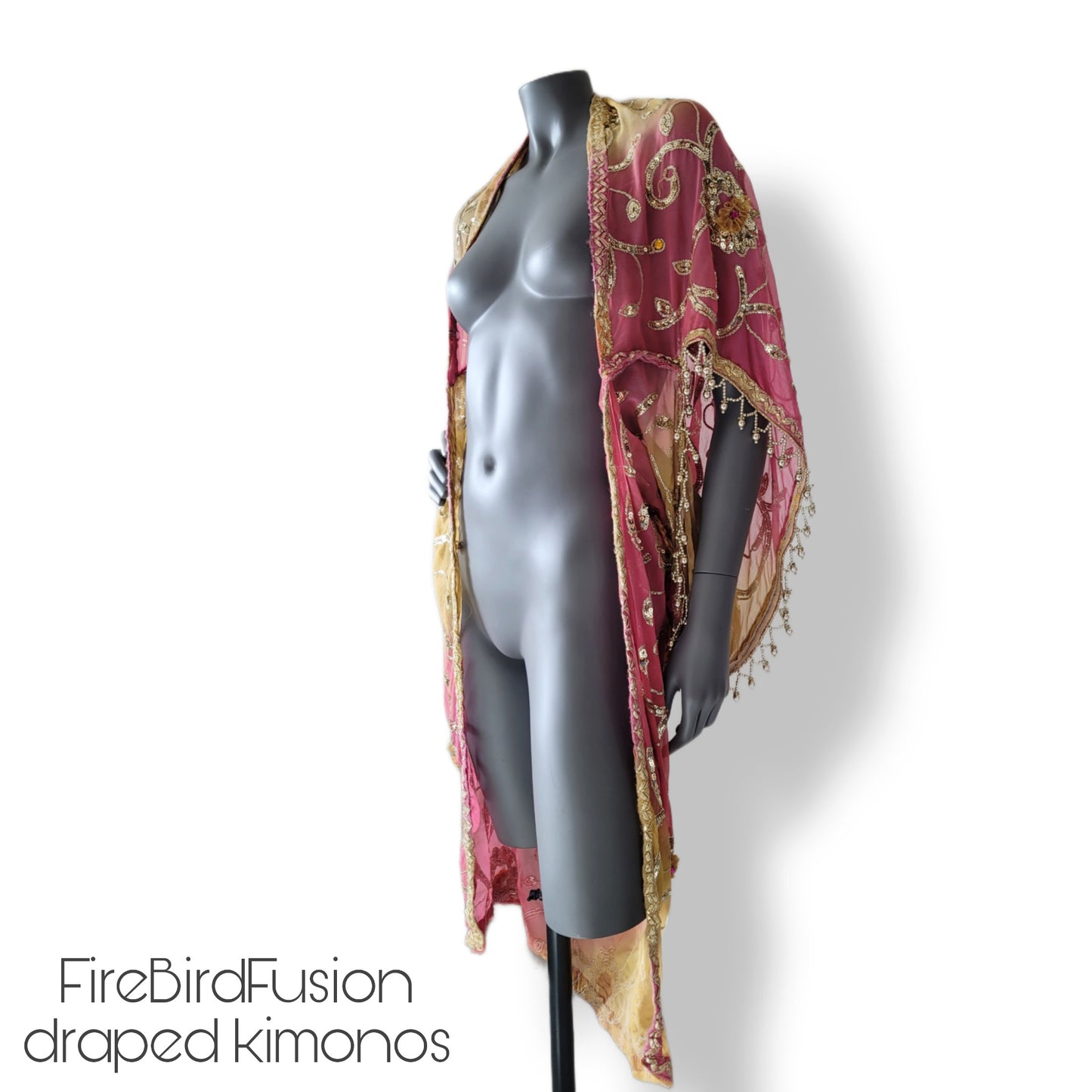 Draped kimono in yellow and pink with appliques, sequin embroidery and beaded trim (S)