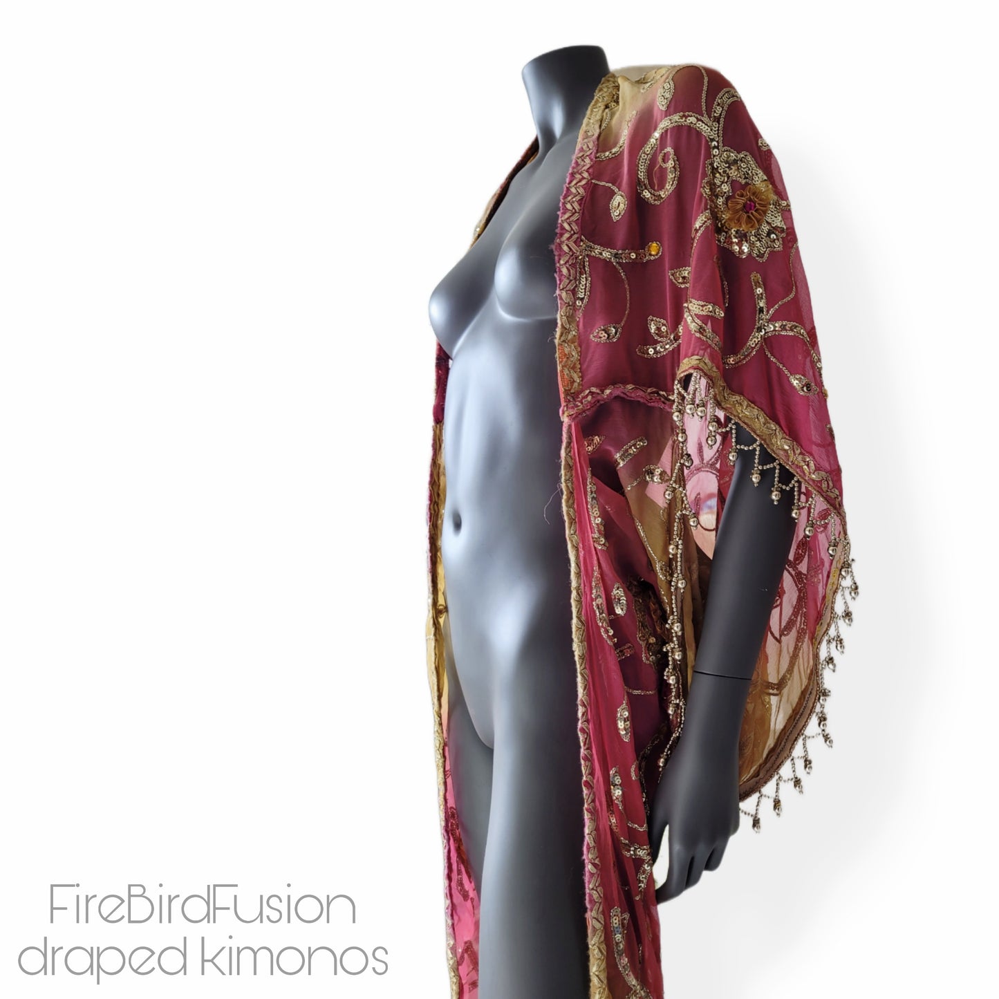 Draped kimono in yellow and pink with appliques, sequin embroidery and beaded trim (S)