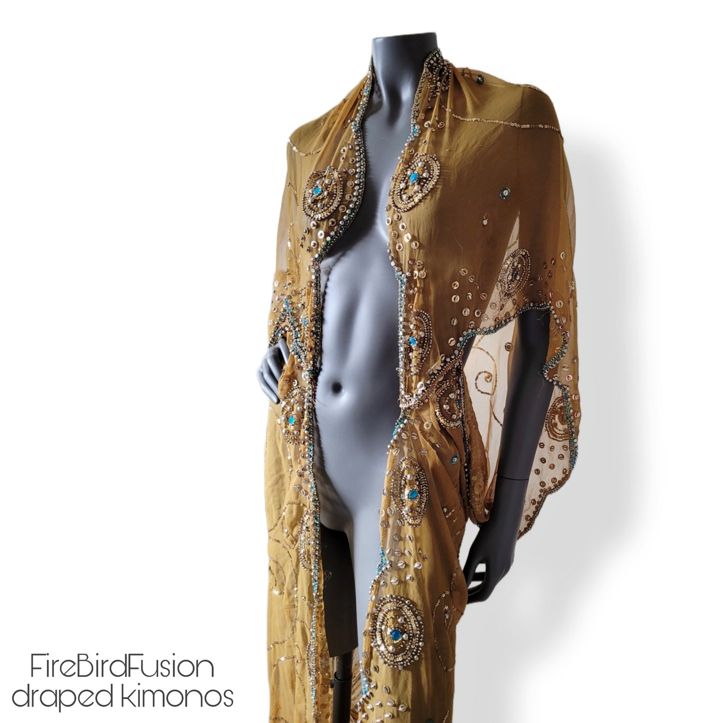 Draped semi sheer kimono in mustard yellow with golden and blue sequin embroidery (L)