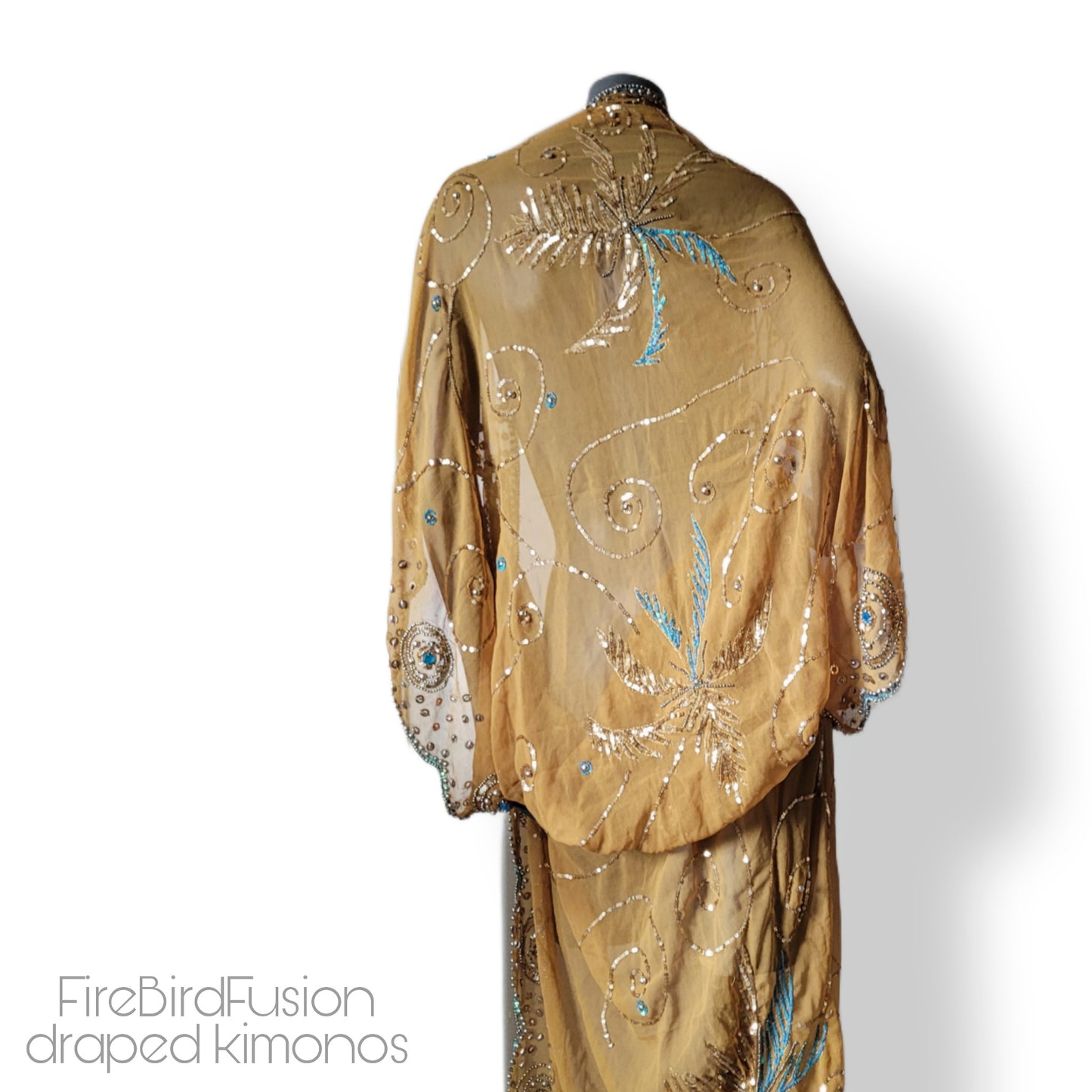 Draped semi sheer kimono in mustard yellow with golden and blue sequin embroidery (L)