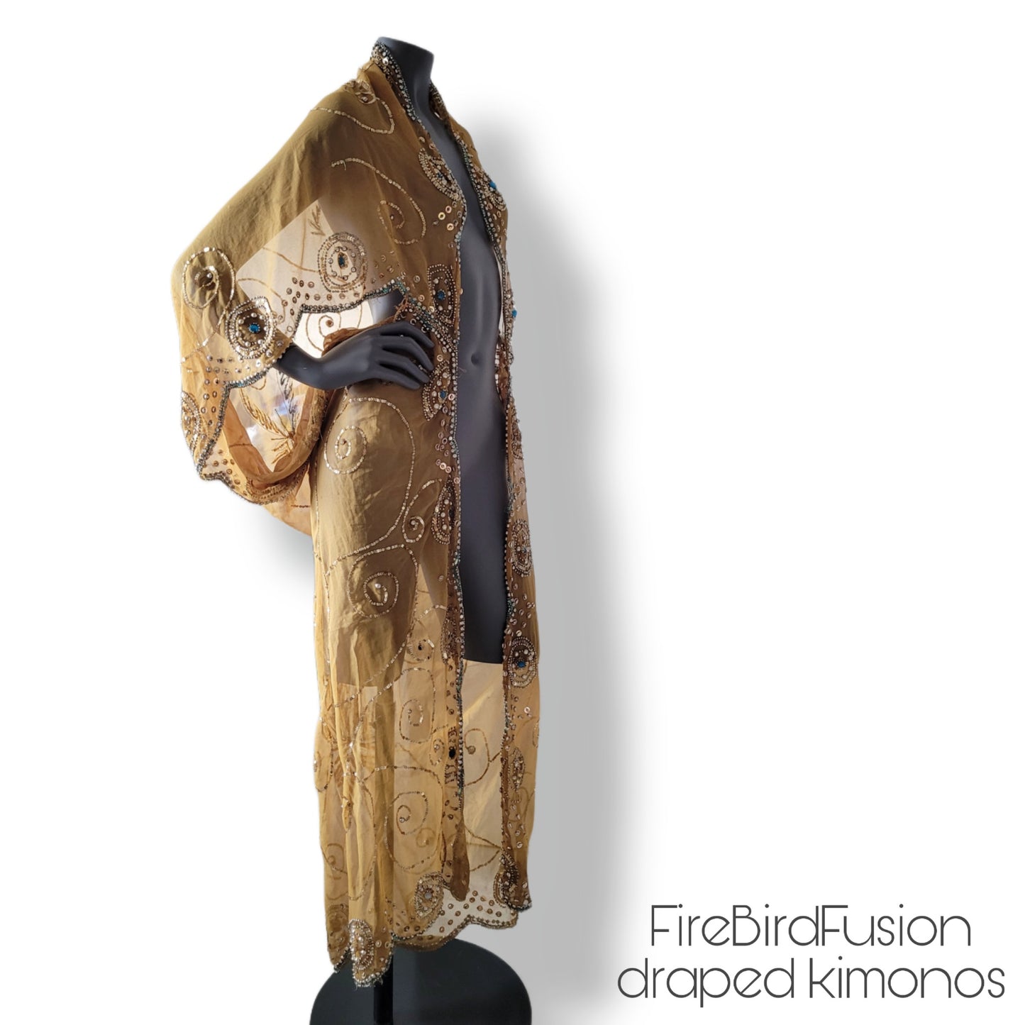 Draped semi sheer kimono in mustard yellow with golden and blue sequin embroidery (L)