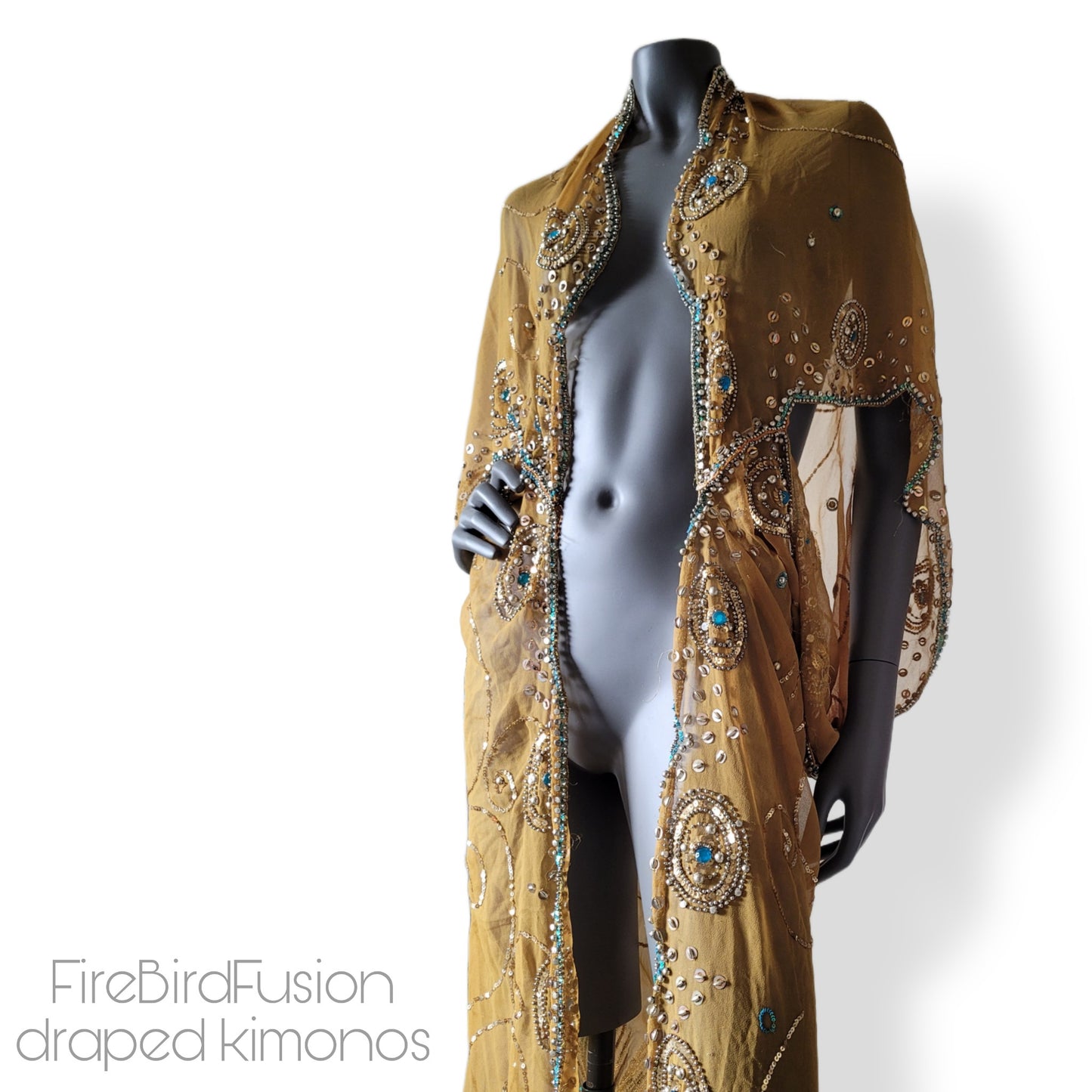 Draped semi sheer kimono in mustard yellow with golden and blue sequin embroidery (L)