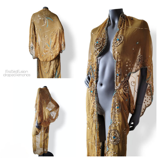 Draped semi sheer kimono in mustard yellow with golden and blue sequin embroidery (L)