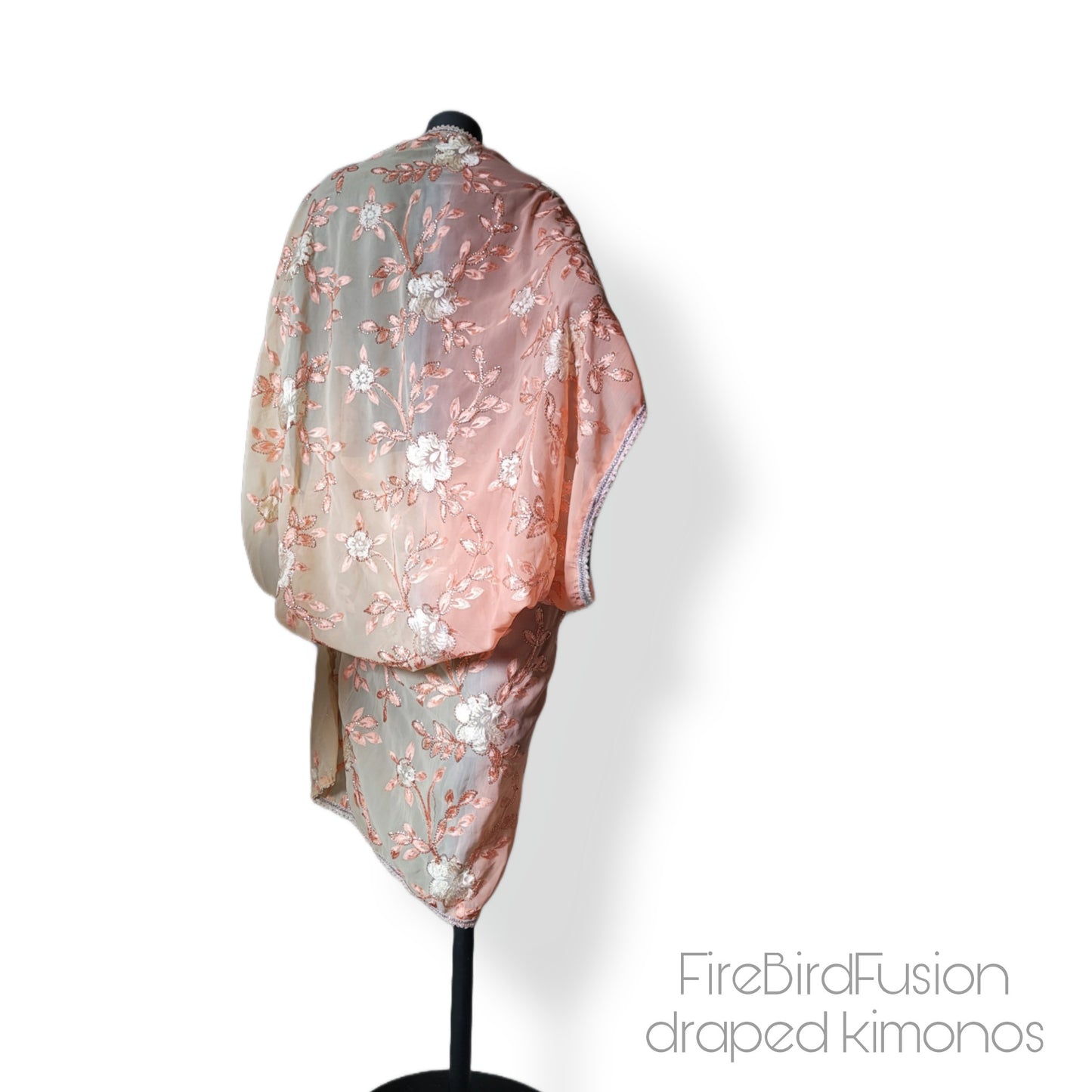 Draped kimono in cream and sakura pink with floral embroidery (M)