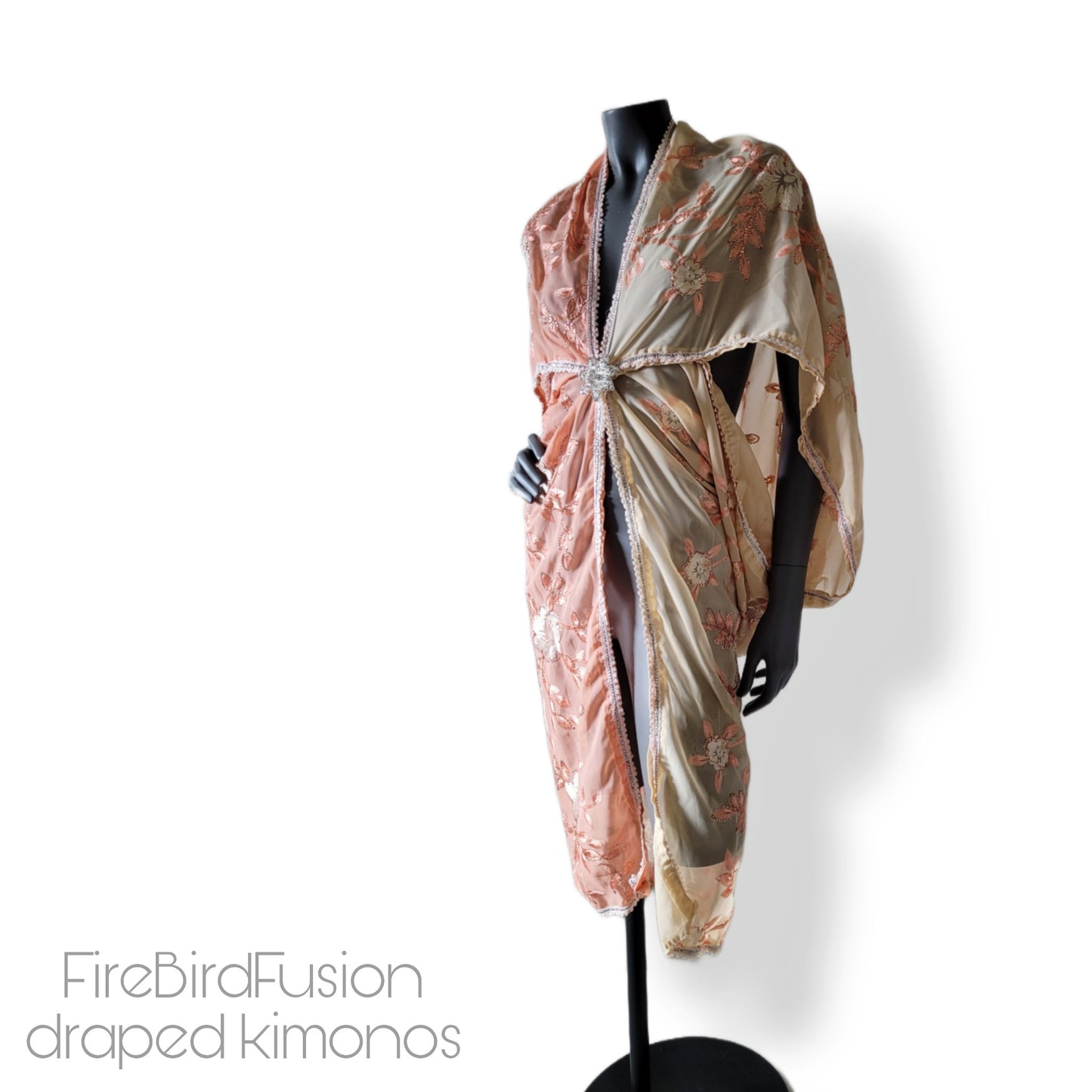 Draped kimono in cream and sakura pink with floral embroidery (M)