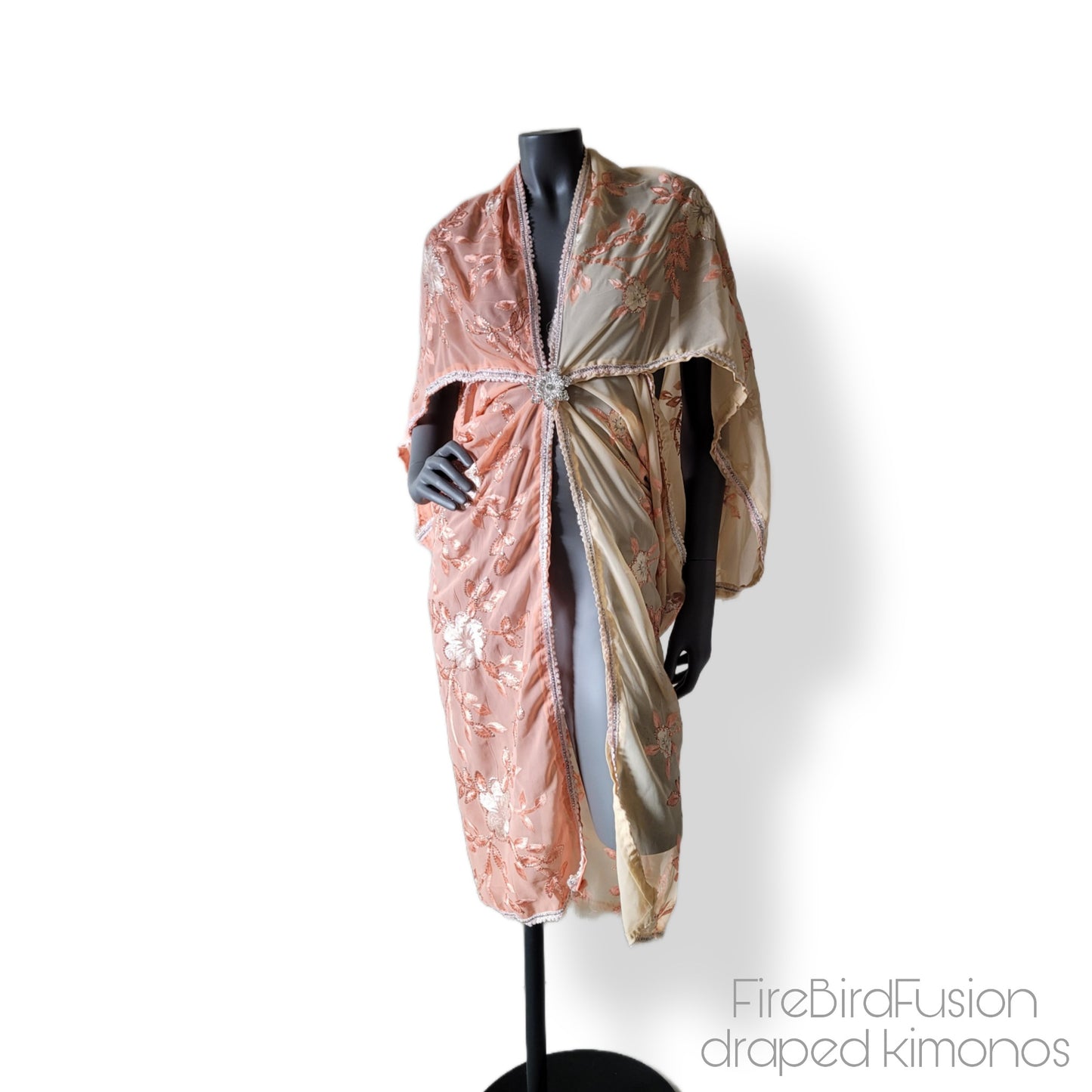 Draped kimono in cream and sakura pink with floral embroidery (M)