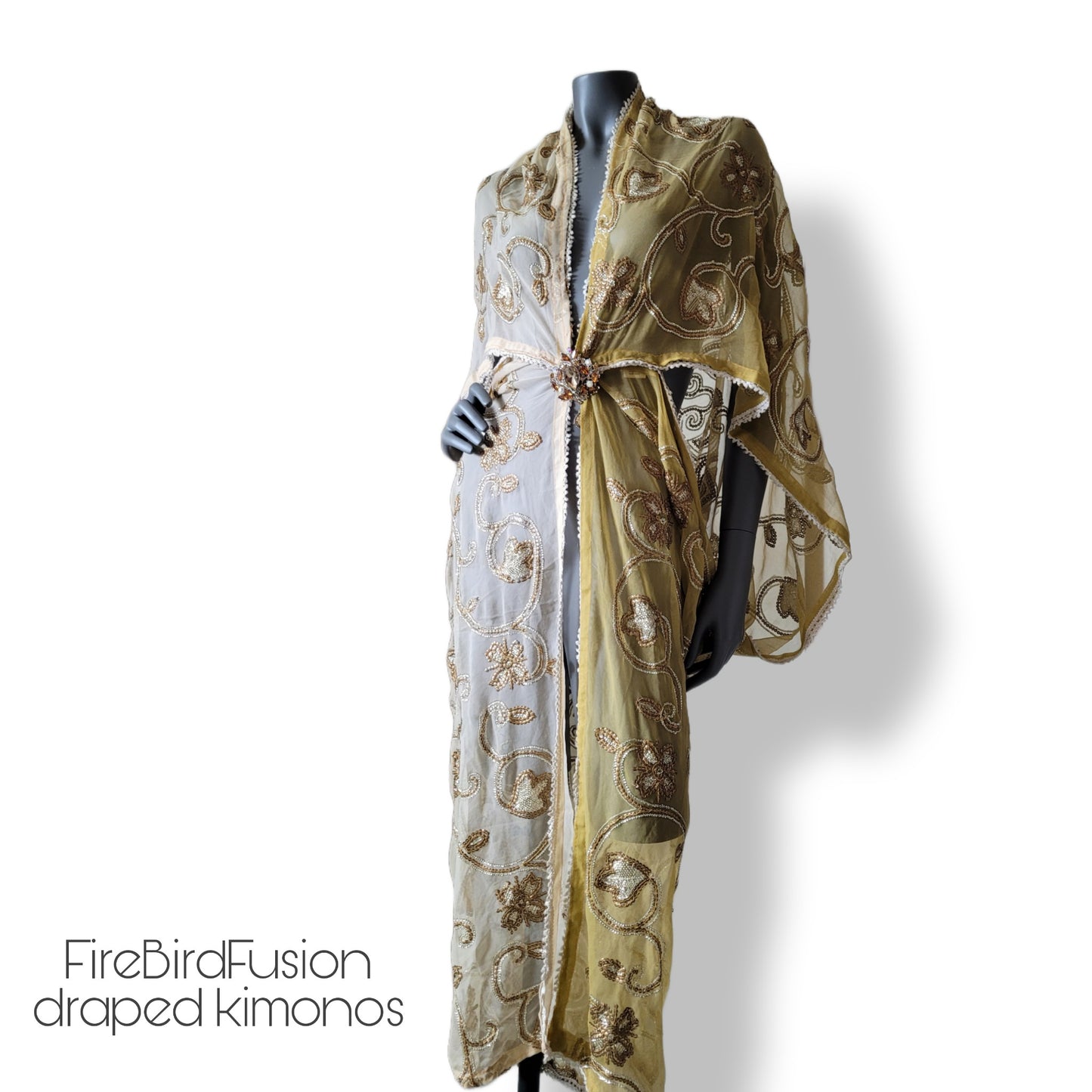 Draped kimono in ivory and beige with bronze and antique gold art deco inspired embroidery (M-L)