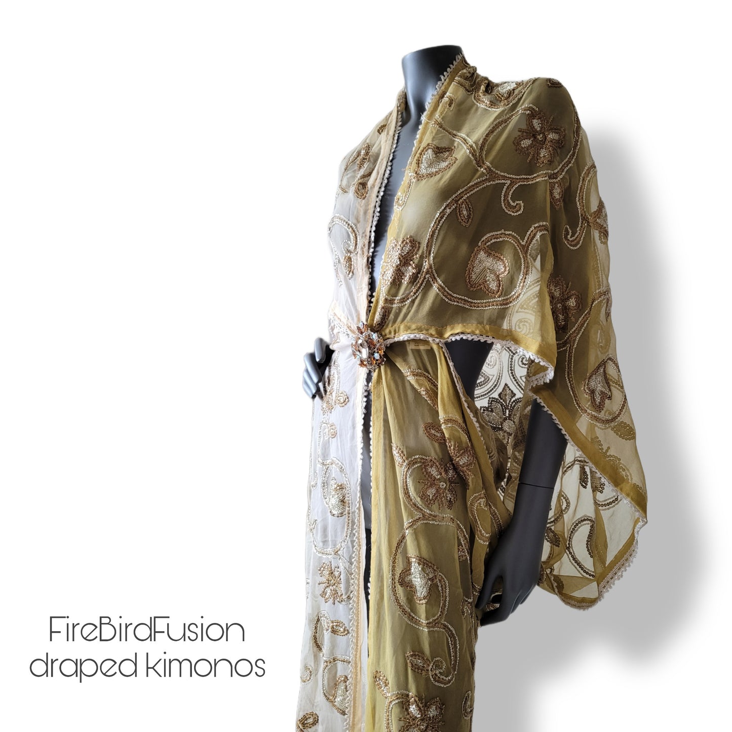 Draped kimono in ivory and beige with bronze and antique gold art deco inspired embroidery (M-L)