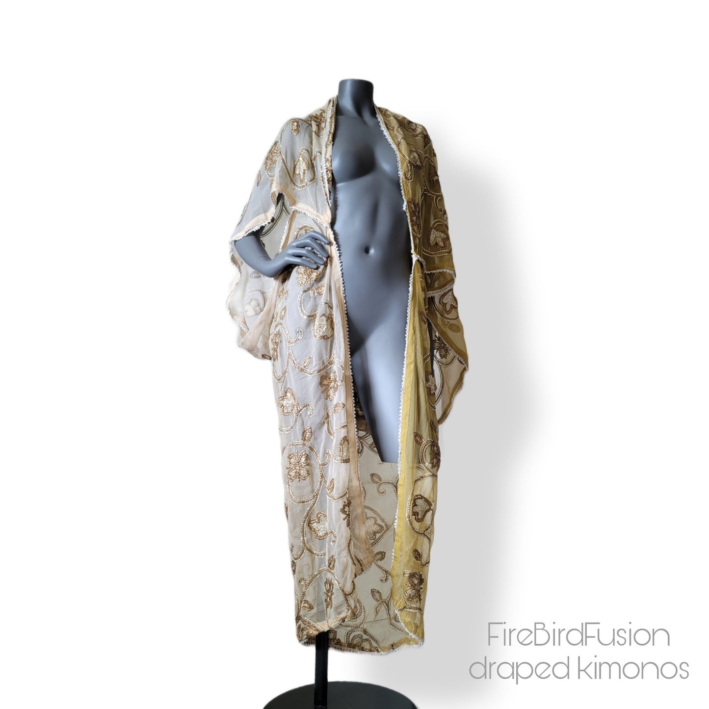 Draped kimono in ivory and beige with bronze and antique gold art deco inspired embroidery (M-L)