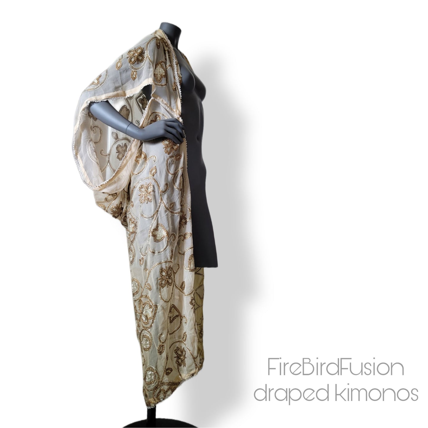 Draped kimono in ivory and beige with bronze and antique gold art deco inspired embroidery (M-L)