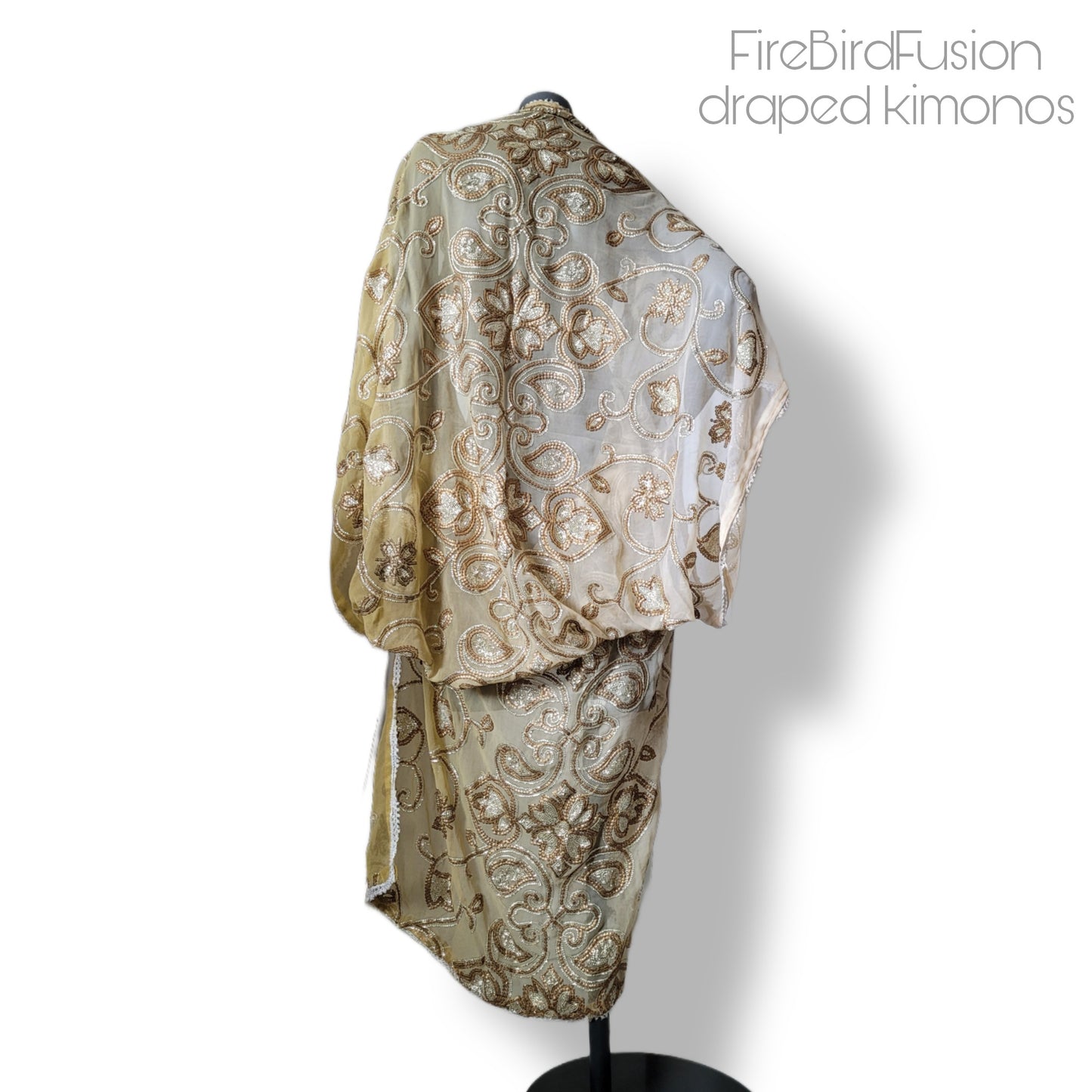 Draped kimono in ivory and beige with bronze and antique gold art deco inspired embroidery (M-L)