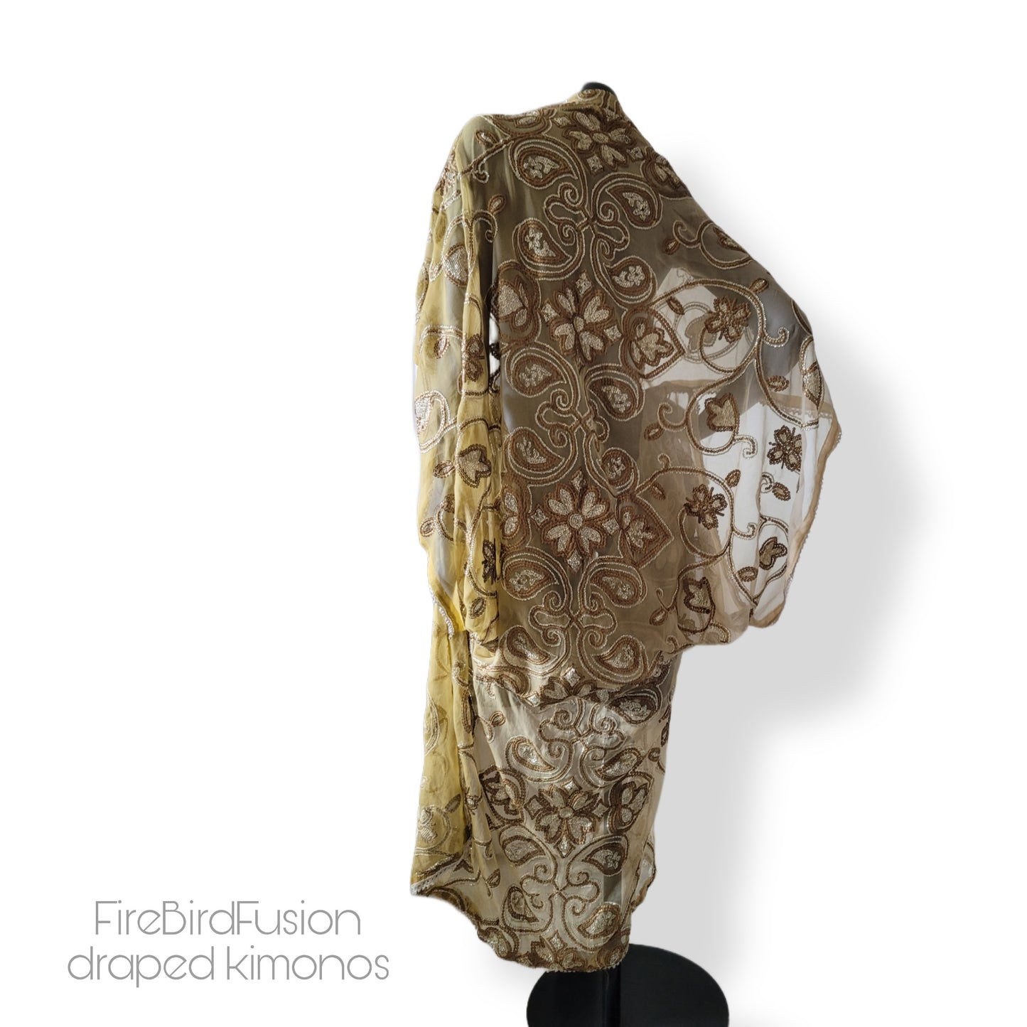 Draped kimono in ivory and beige with bronze and antique gold art deco inspired embroidery (M-L)