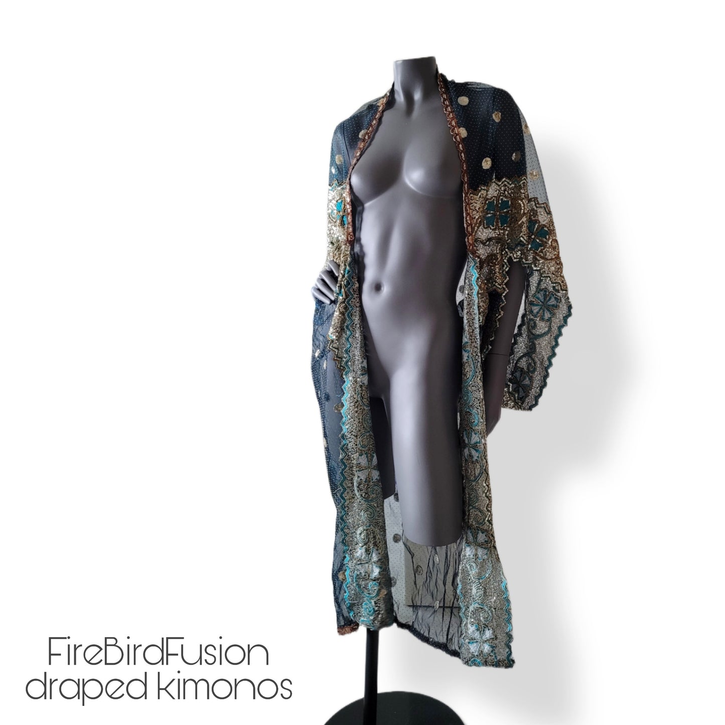 Draped kimono in stiffer net fabric, teal with beautiful heavy hand embrodery in gold and teal (M-L)