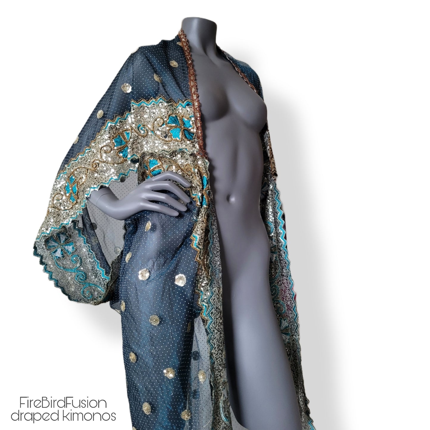 Draped kimono in stiffer net fabric, teal with beautiful heavy hand embrodery in gold and teal (M-L)