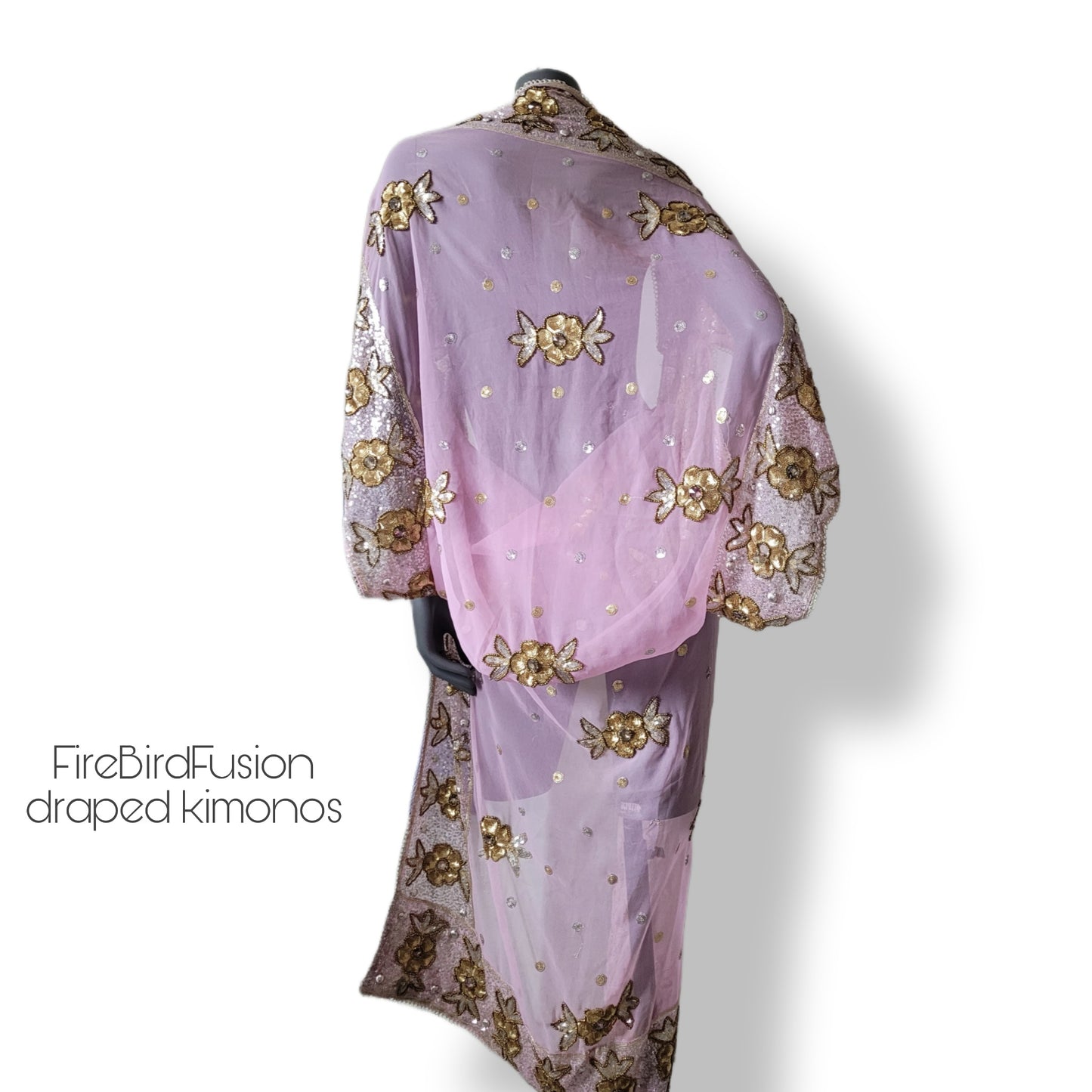 Draped kimono in cool pale pink with elaborated hand embrodery in silver, golden sequins, bronze beads and glass crystals shifting in pink & green (S)