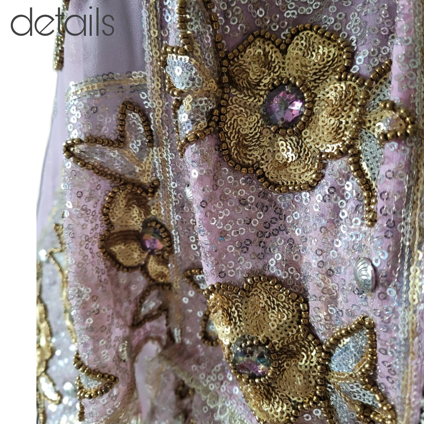 Draped kimono in cool pale pink with elaborated hand embrodery in silver, golden sequins, bronze beads and glass crystals shifting in pink & green (S)