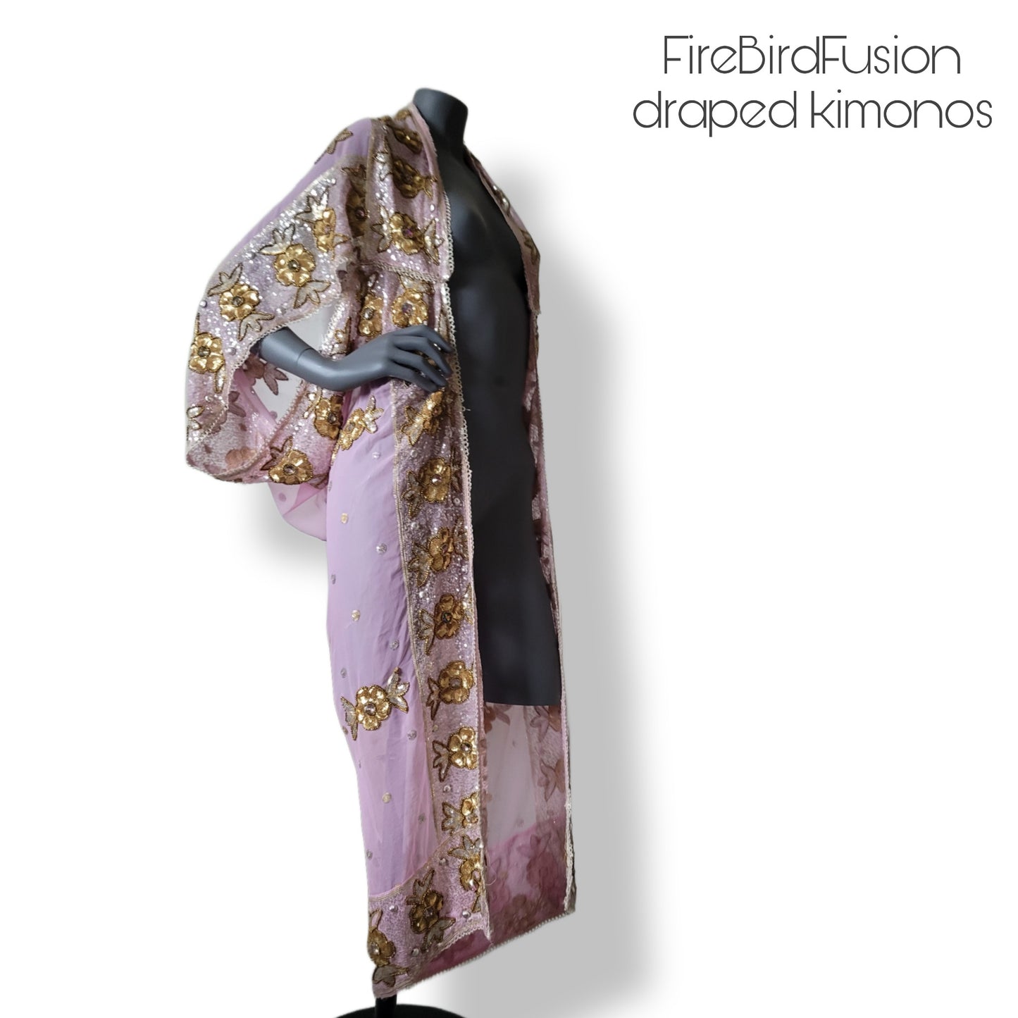 Draped kimono in cool pale pink with elaborated hand embrodery in silver, golden sequins, bronze beads and glass crystals shifting in pink & green (S)