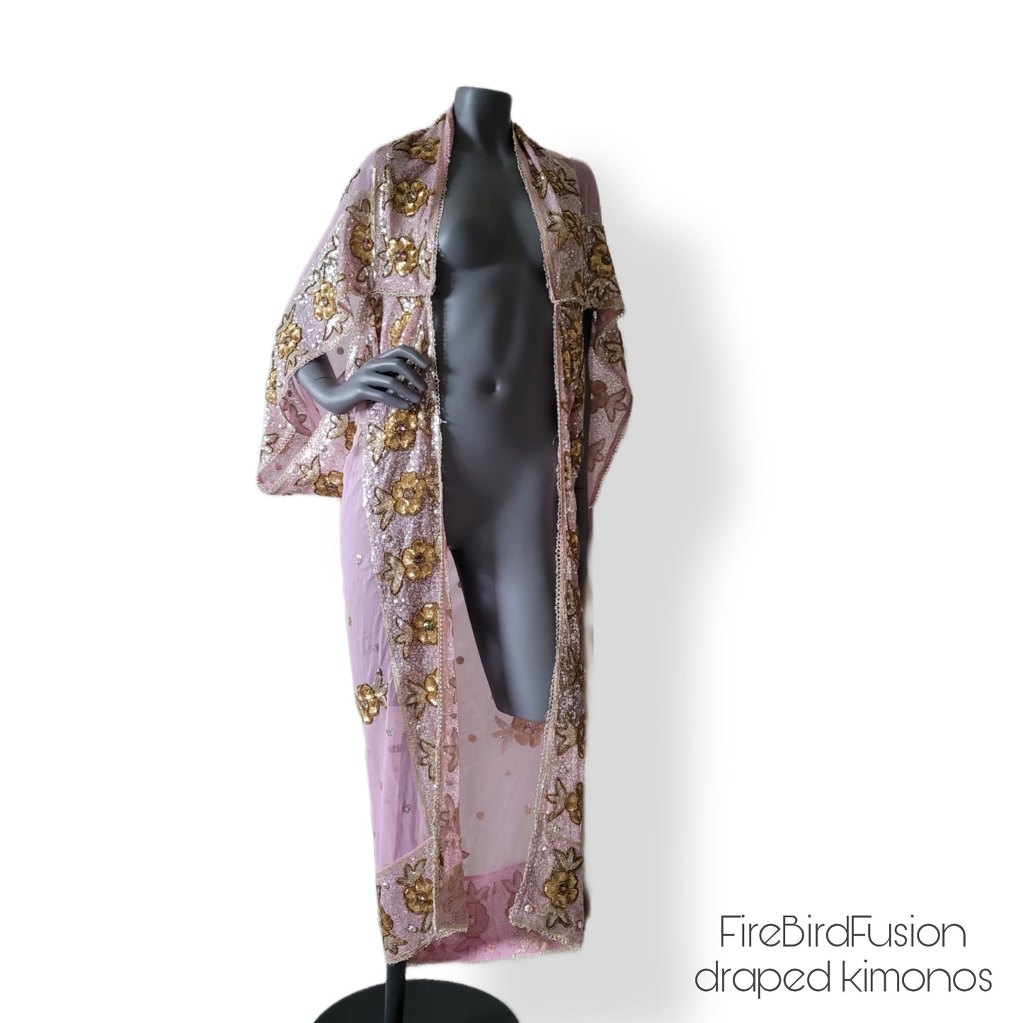 Draped kimono in cool pale pink with elaborated hand embrodery in silver, golden sequins, bronze beads and glass crystals shifting in pink & green (S)