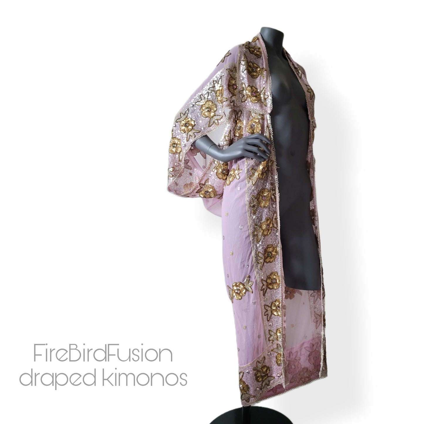Draped kimono in cool pale pink with elaborated hand embrodery in silver, golden sequins, bronze beads and glass crystals shifting in pink & green (S)