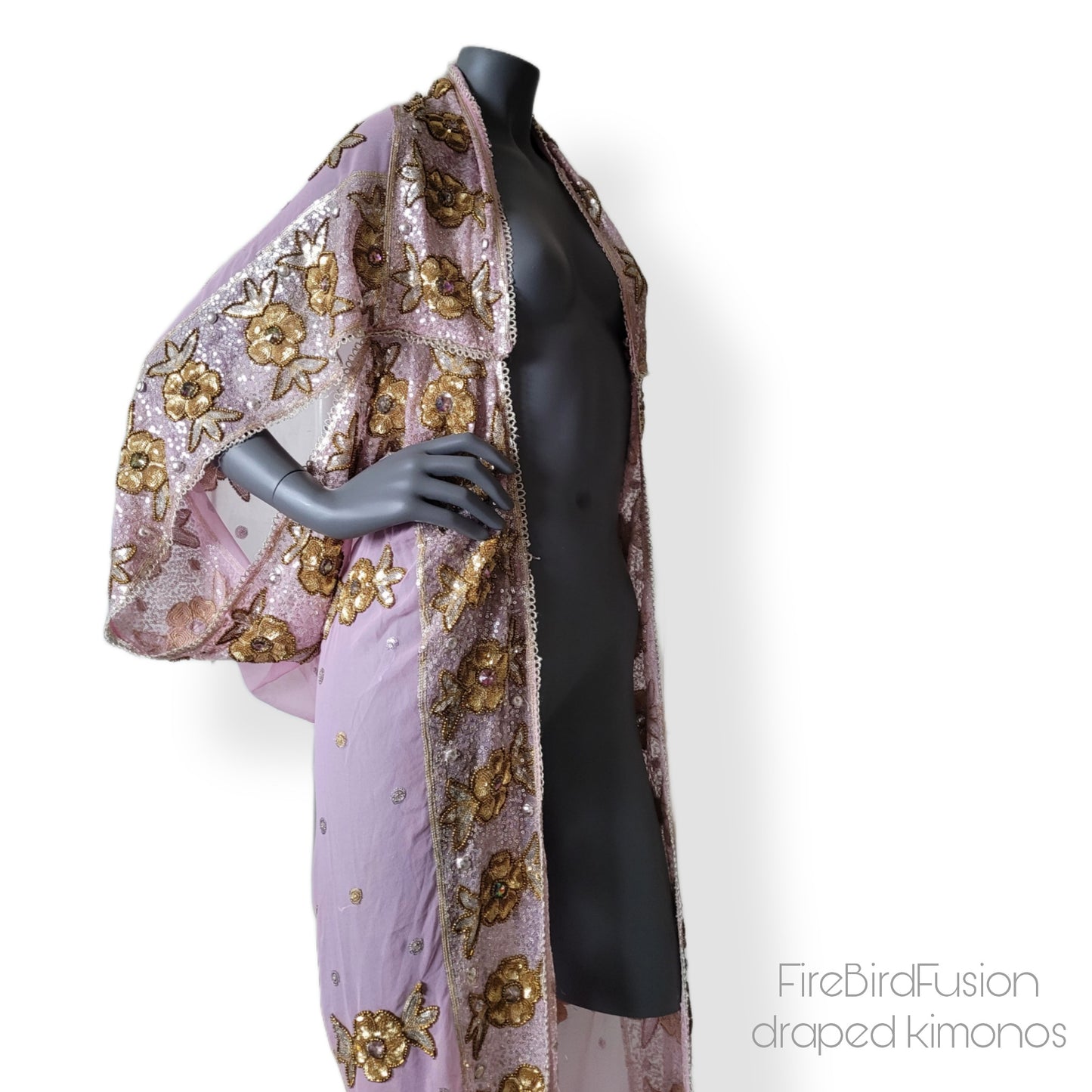 Draped kimono in cool pale pink with elaborated hand embrodery in silver, golden sequins, bronze beads and glass crystals shifting in pink & green (S)