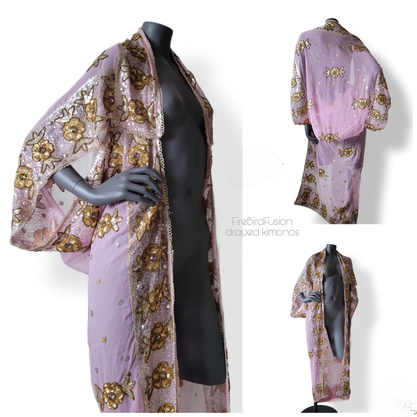 Draped kimono in cool pale pink with elaborated hand embrodery in silver, golden sequins, bronze beads and glass crystals shifting in pink & green (S)