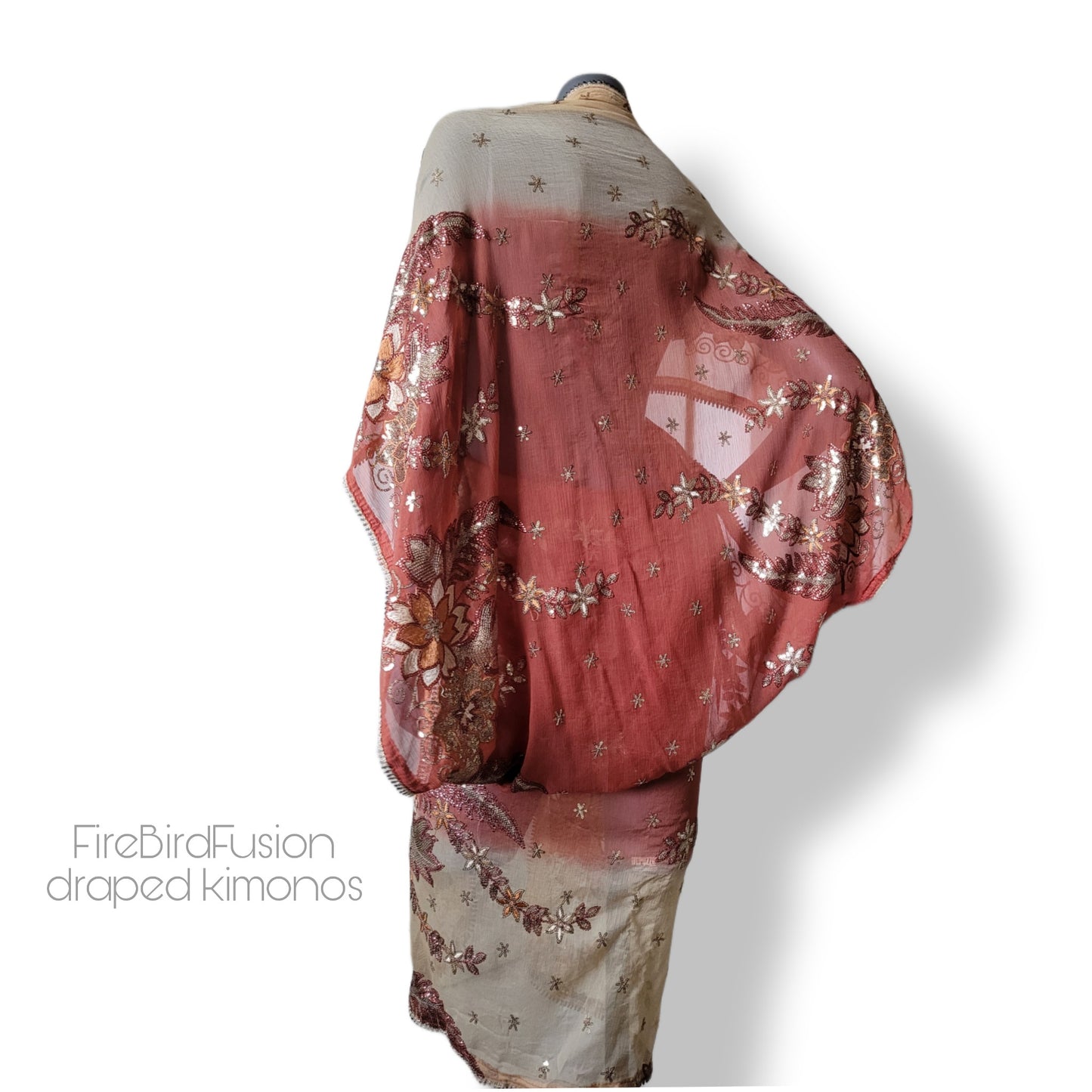 Draped kimono, dark caffe latte and light rust with elaborated embrodery in antique gold sequins and shades of brown (M)