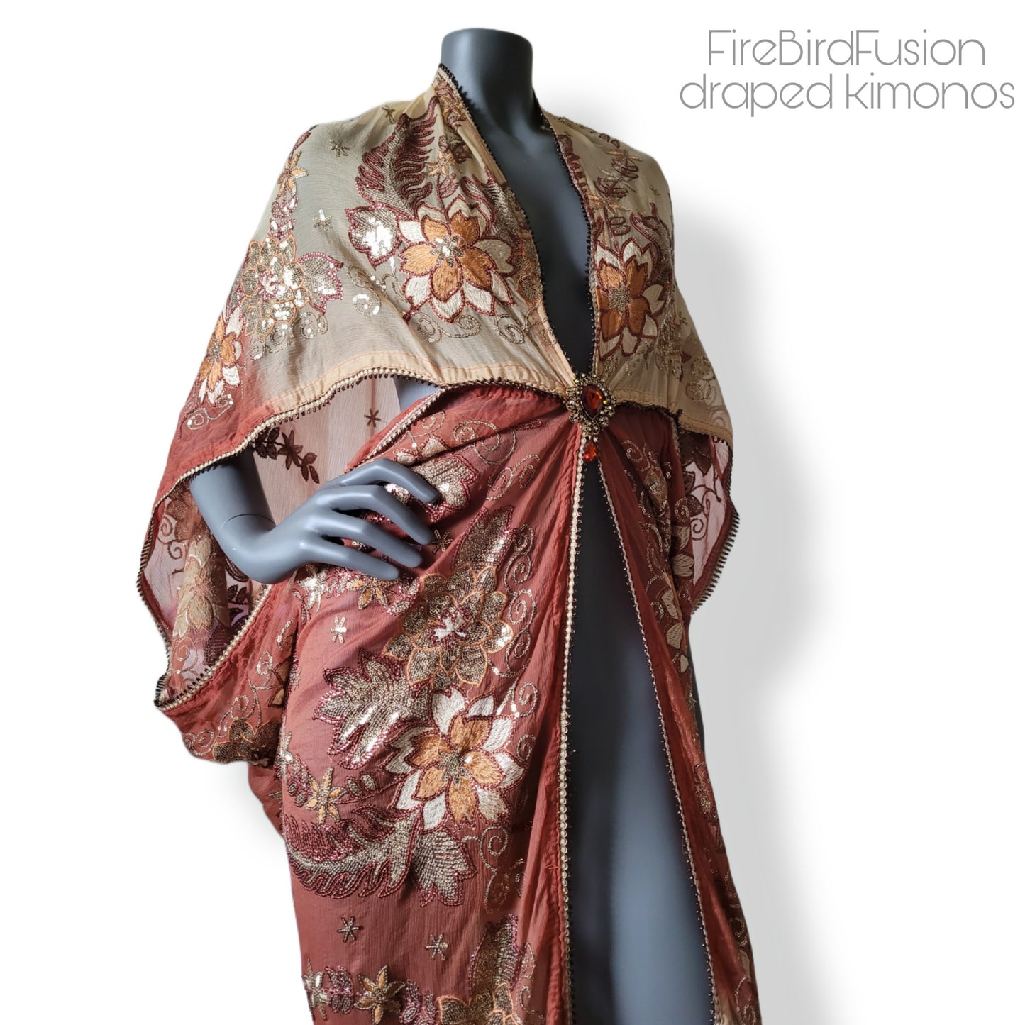 Draped kimono, dark caffe latte and light rust with elaborated embrodery in antique gold sequins and shades of brown (M)