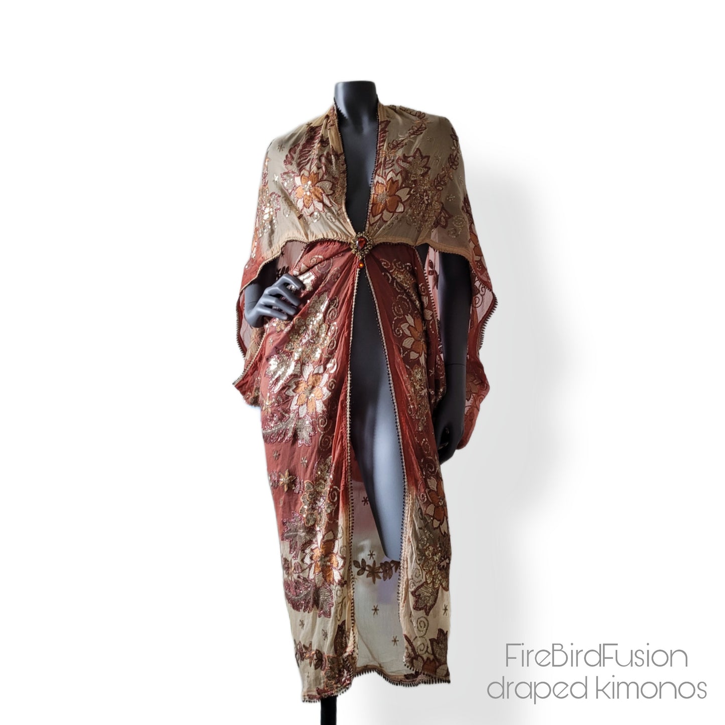 Draped kimono, dark caffe latte and light rust with elaborated embrodery in antique gold sequins and shades of brown (M)