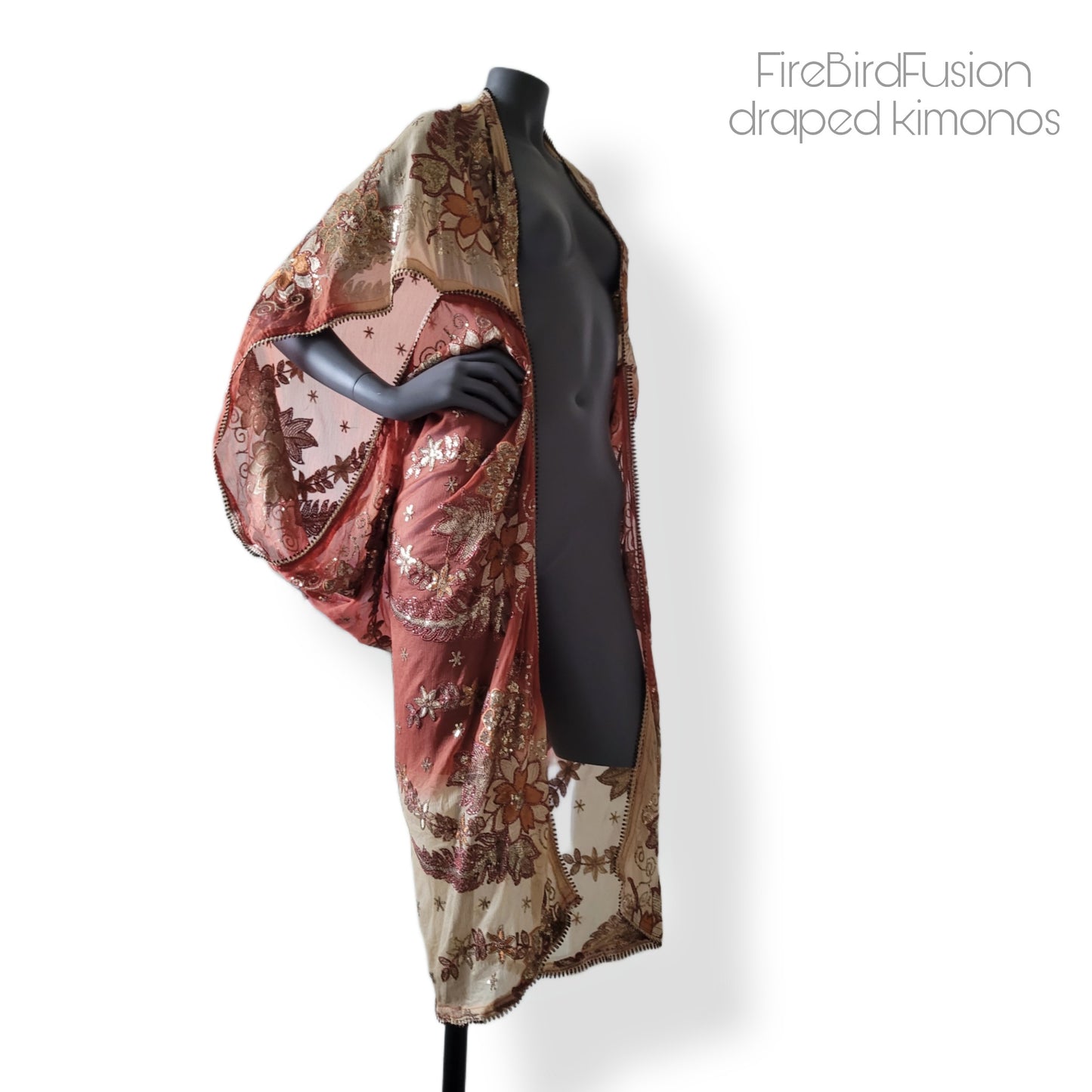 Draped kimono, dark caffe latte and light rust with elaborated embrodery in antique gold sequins and shades of brown (M)