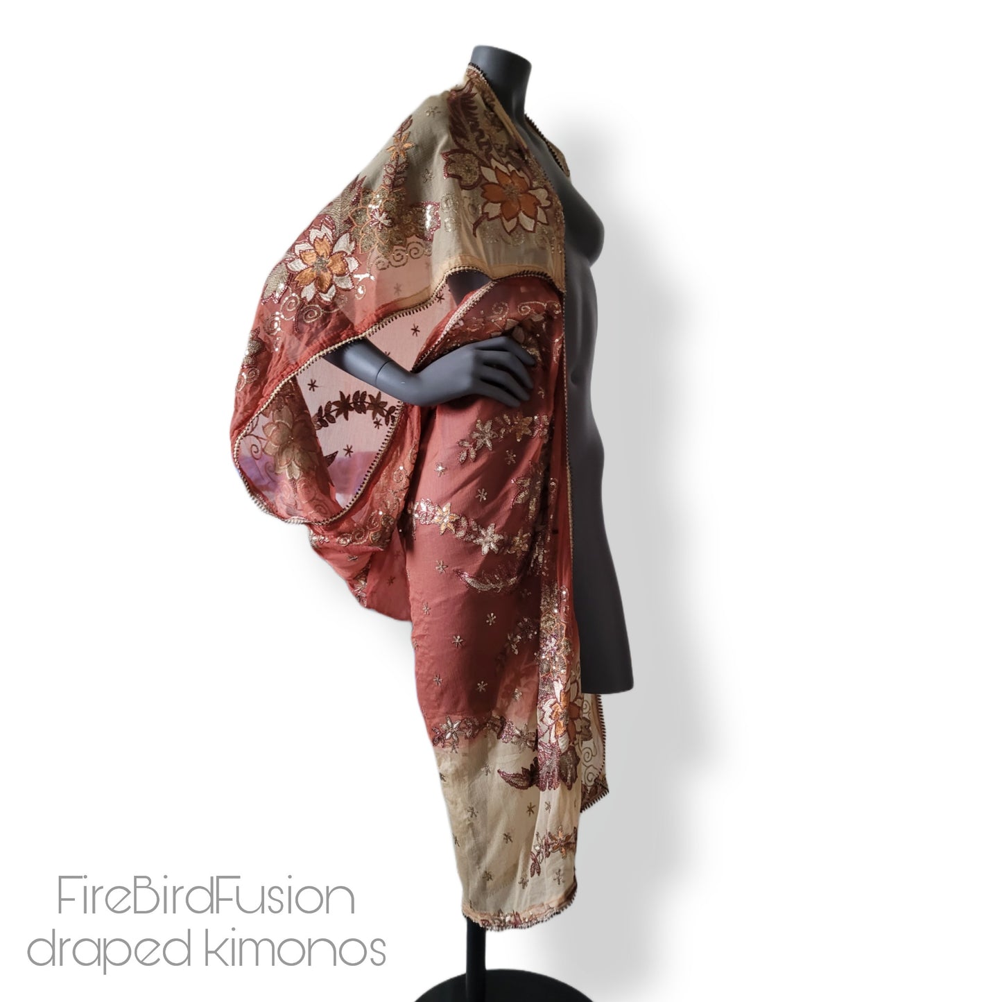Draped kimono, dark caffe latte and light rust with elaborated embrodery in antique gold sequins and shades of brown (M)