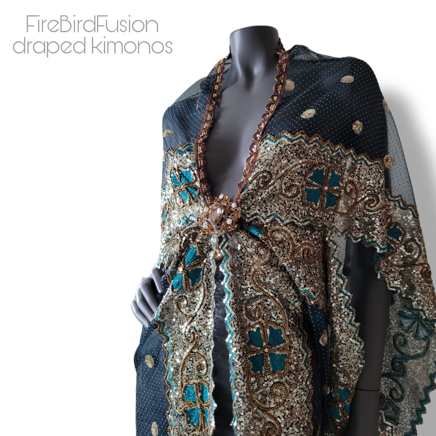 Draped kimono in stiffer net fabric, teal with beautiful heavy hand embrodery in gold and teal (M-L)