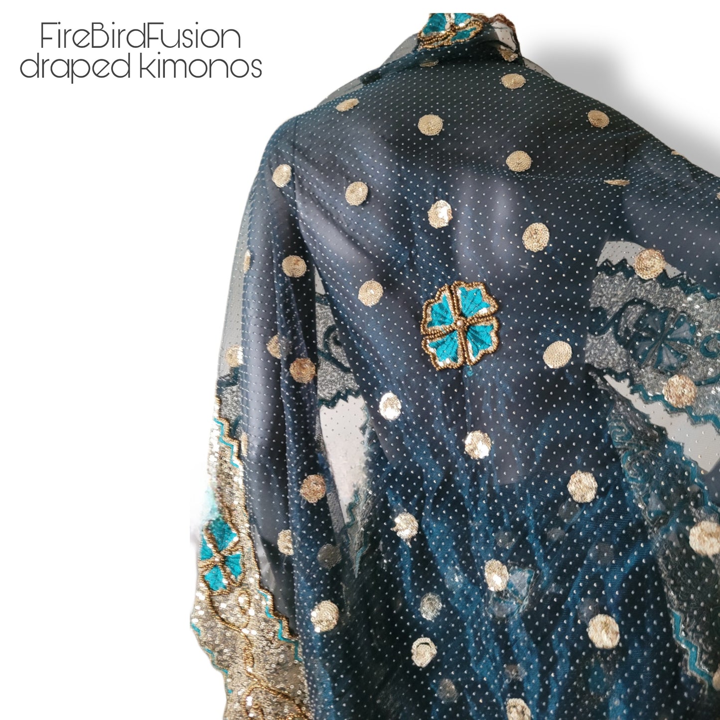 Draped kimono in stiffer net fabric, teal with beautiful heavy hand embrodery in gold and teal (M-L)