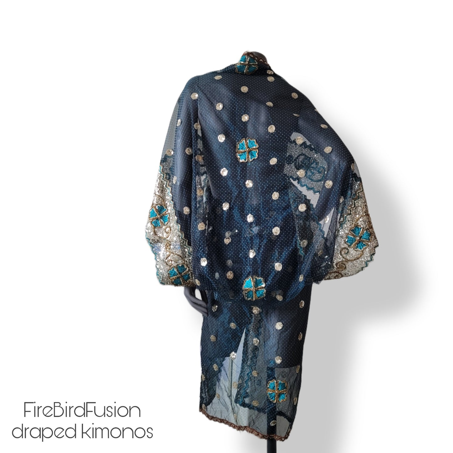 Draped kimono in stiffer net fabric, teal with beautiful heavy hand embrodery in gold and teal (M-L)