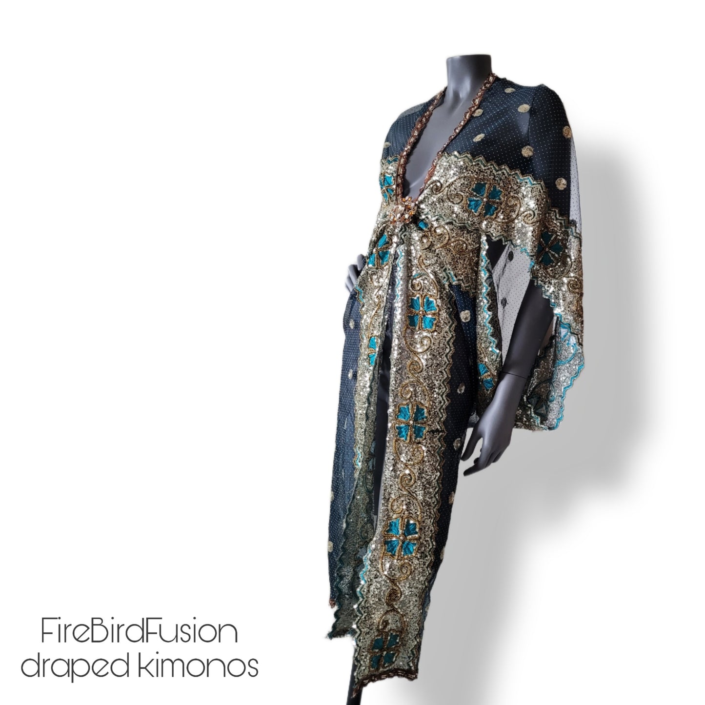 Draped kimono in stiffer net fabric, teal with beautiful heavy hand embrodery in gold and teal (M-L)