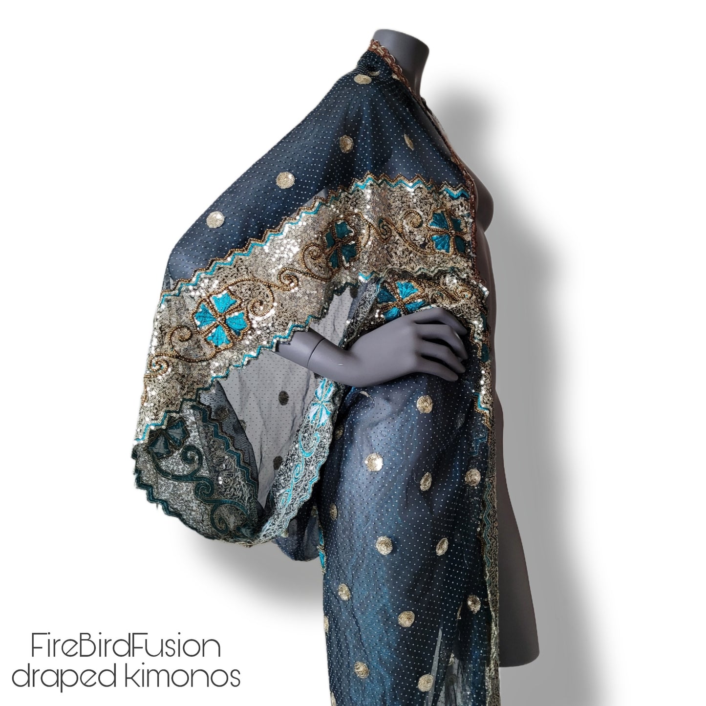 Draped kimono in stiffer net fabric, teal with beautiful heavy hand embrodery in gold and teal (M-L)